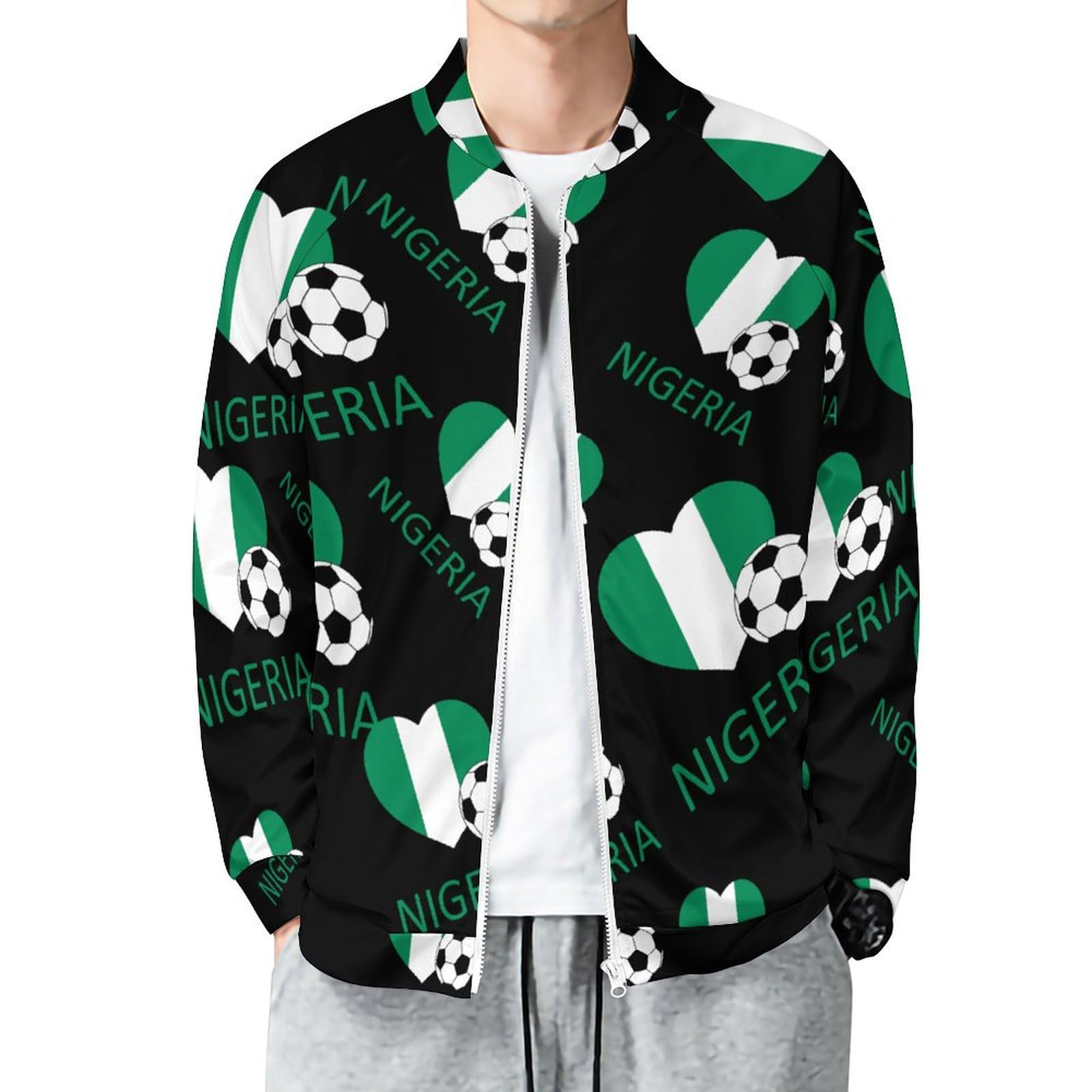 KWQDOZF Love Nigeria Soccer Casual Varsity Jacket Lightweight Bomber Jackets Windbreaker Track Jacket Shirt