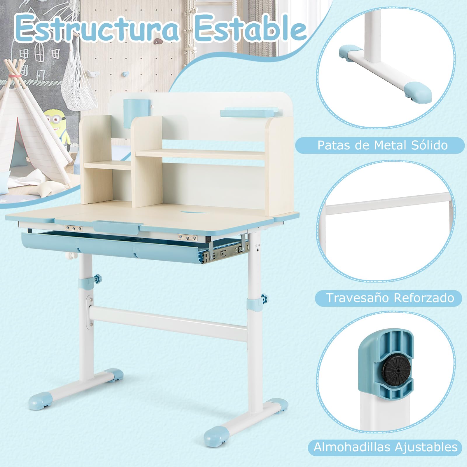 COSTWAY Escritorio de Estudio para Niños, Mesa de Escritura Juvenil de Altura Ajustable con Tablero Inclinable, Aparador, Cajón, Bandeja, Portalápices y Regla de Escala para Niños de 3-12 Años (Azul)