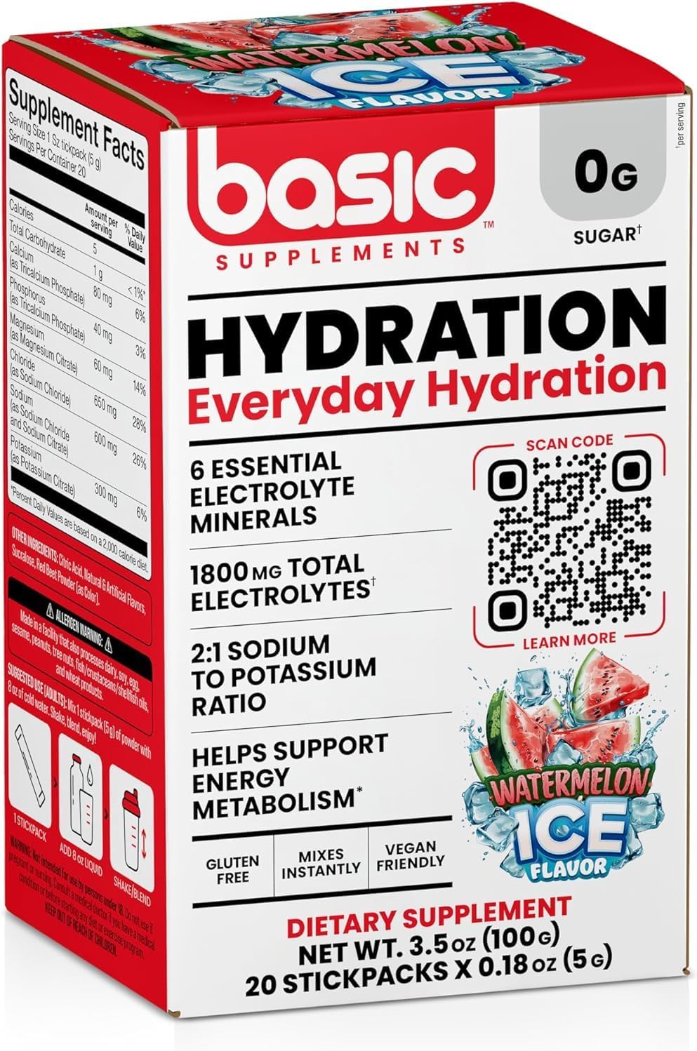 Basic Hydration Electrolyte Drink Mix, 1800mg Total Electrolytes, 6 Essential Minerals, 2:1 Sodium Potassium Ratio, 0 Sugar, Vegan & Gluten Free, 20 StickPacks