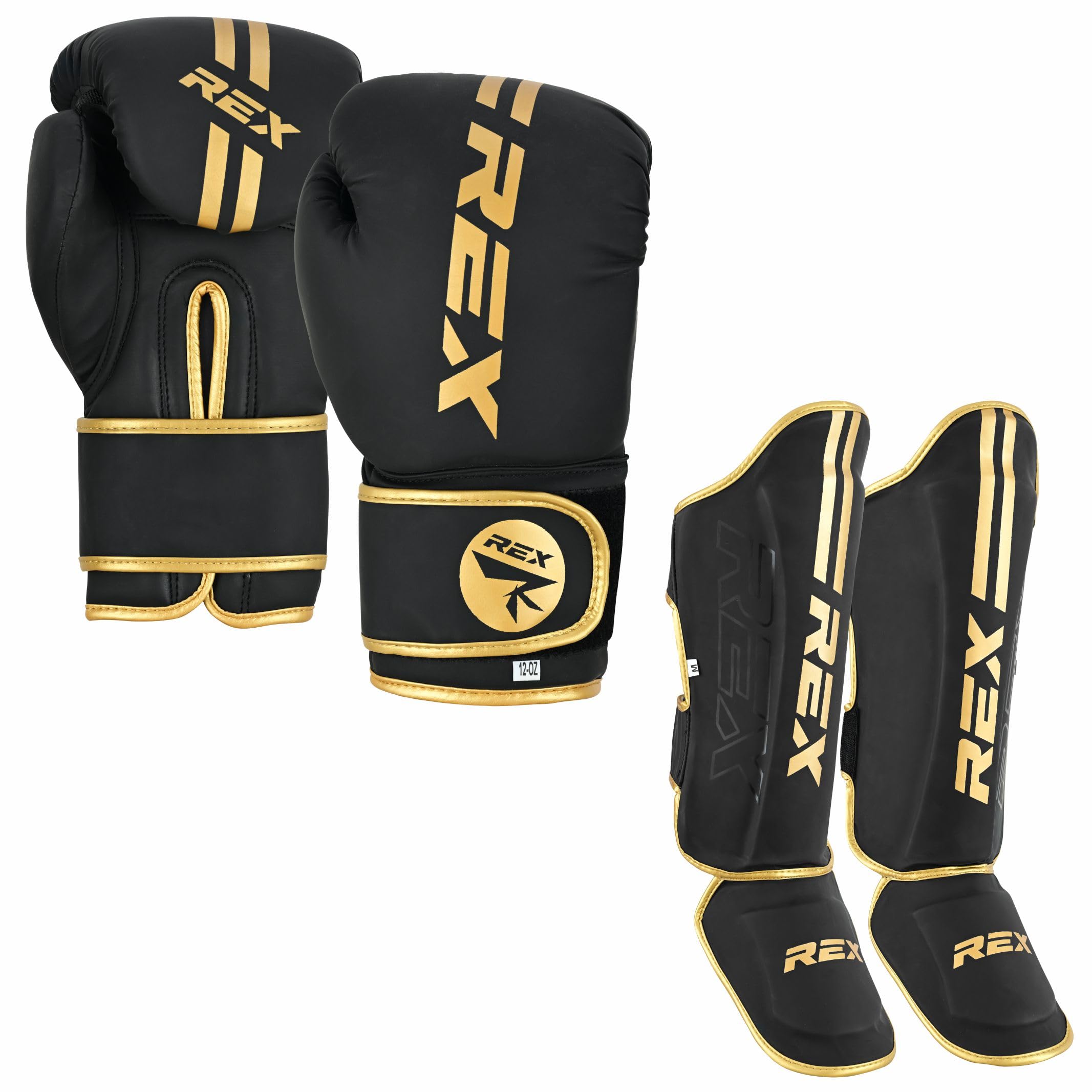 Rex Sports Boxing gloves with Shin Instep for Kickboxing Heavy duty punching gloves MMA fighting pads, Muay Endurance shinpads Sparring gloves MMA GOLD (GLOVES SIZE 4 OZ, SHIN SIZE L)