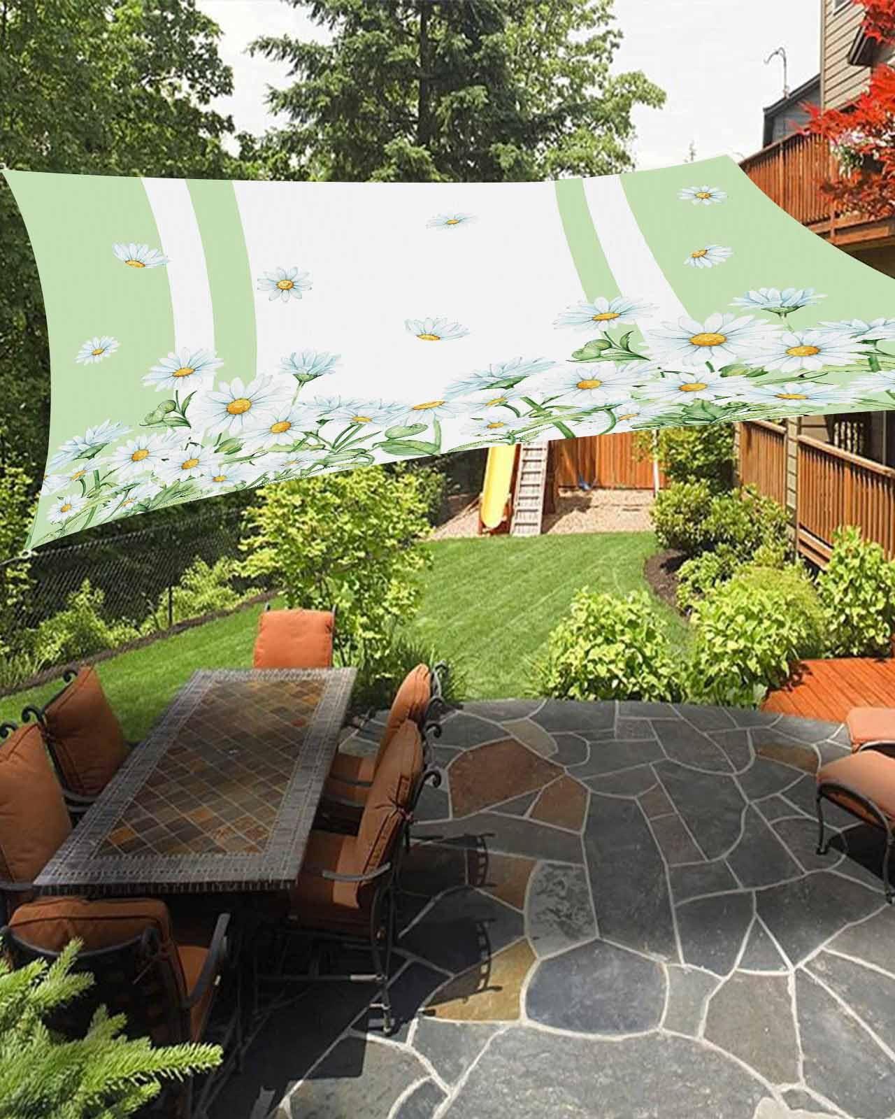 Boanket Sun Shade Sail 12' x 16', Spring Floral Sun Blocking Shades Privacy Outdoor Covering, White Daisy Green Summer Botanical Teal Striped Shade Cloth for Patio Deck Garden Lawns Beach Backyard
