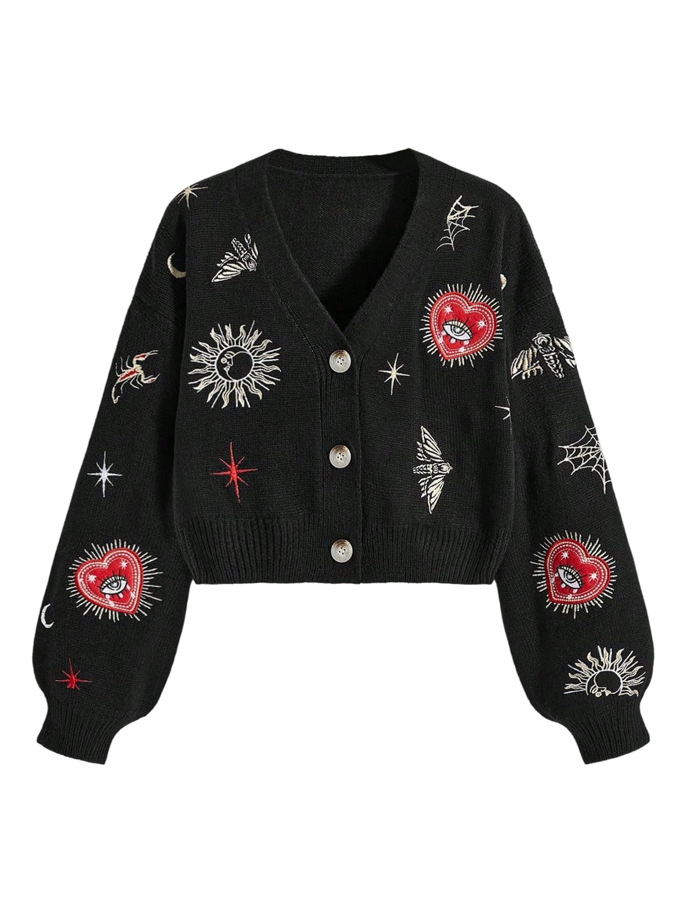 Womens Gothic Graphic Cardigan Sweater Goth Embroidered Lightweight Knitted Outerwear
