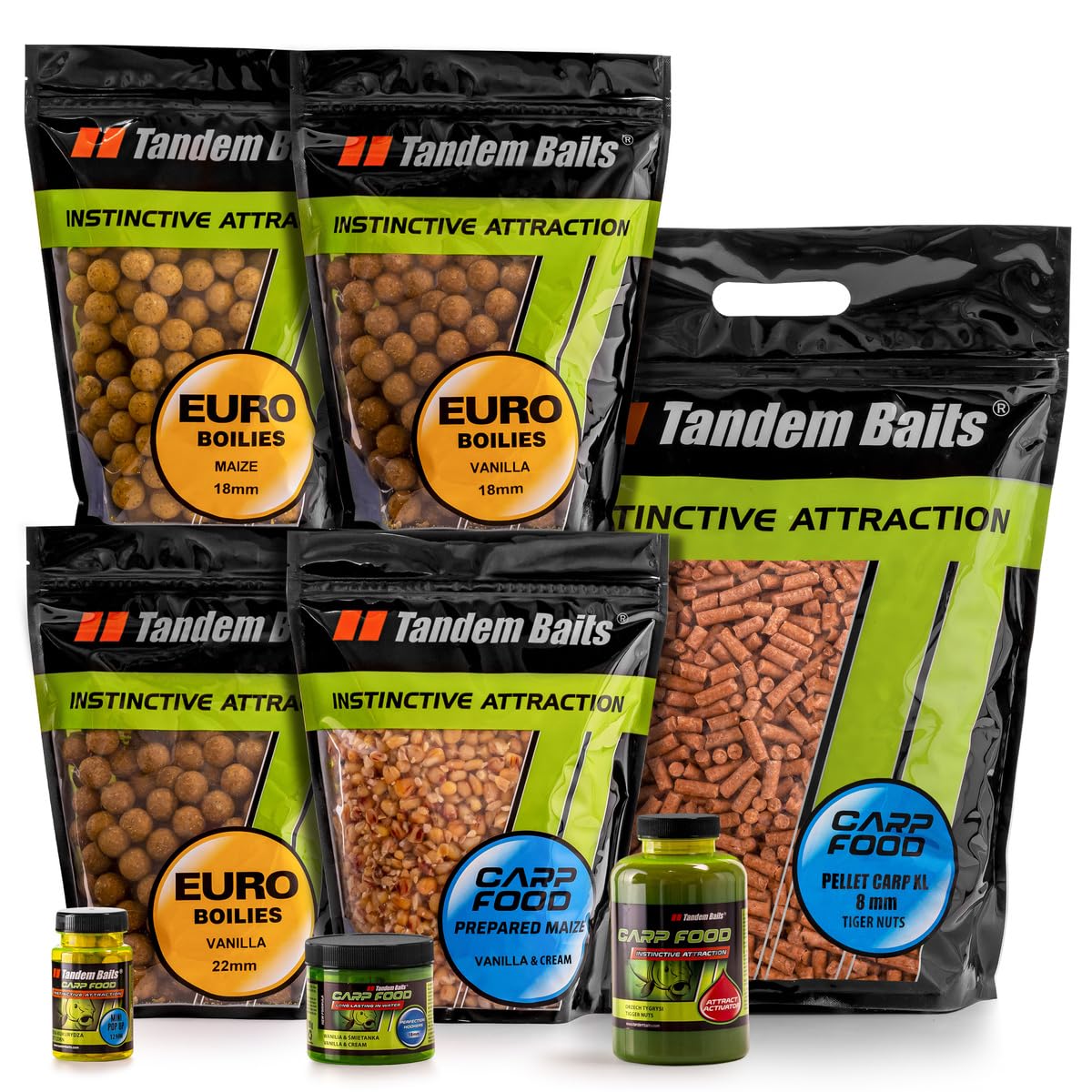 Tandem Baits Set di 8 Weekend Carp Fishing Box Sweet Mix | Prepared Maize | Euro Boilies 18/22mm | Pellet Carp XL 8mm | Perfection Hookers 18mm | Mini Pop Up 12mm | Carpfishing Pesche Pesca Accessori