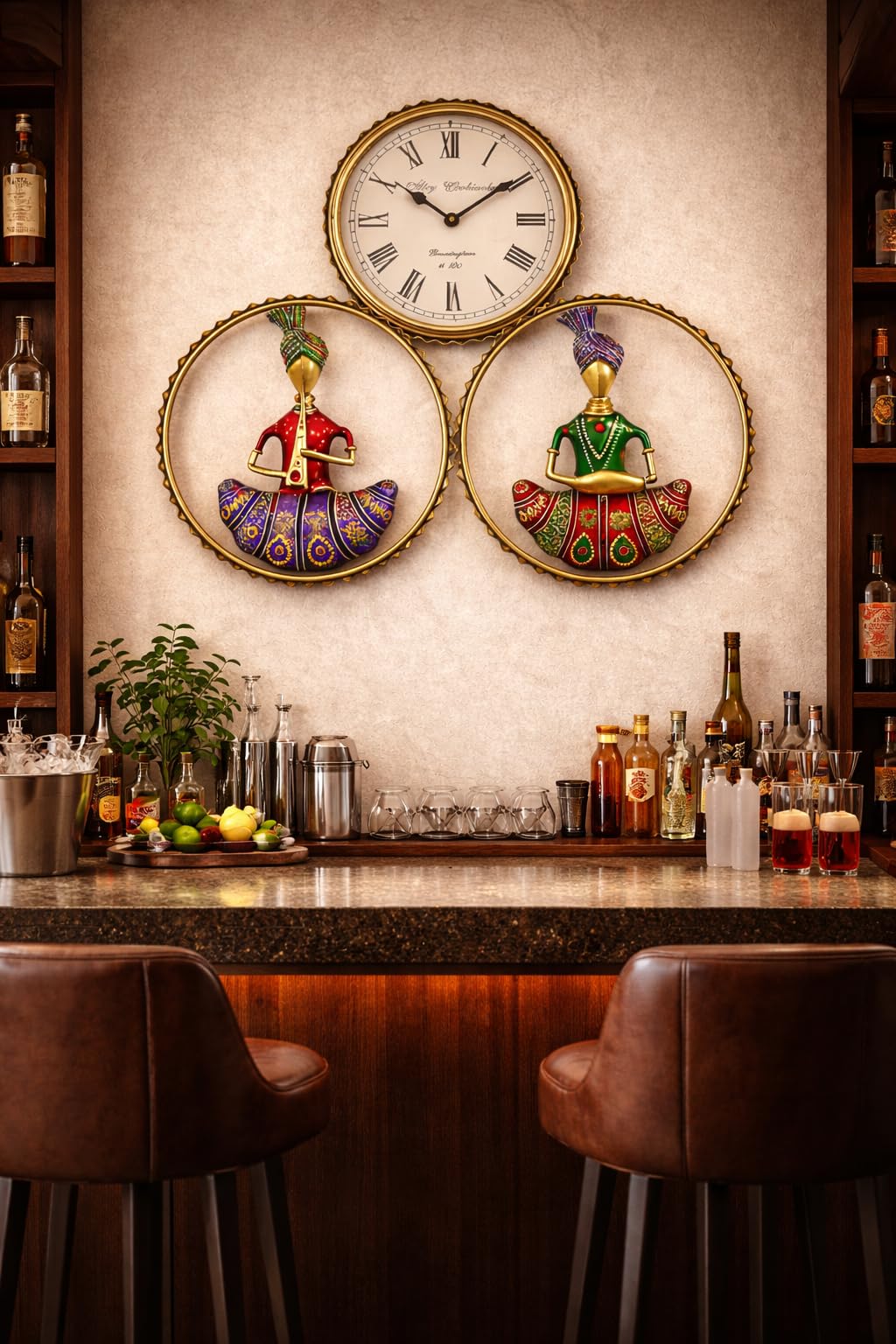 ROYAL CRAFTS Rajasthani Musician Couple Metal Wall Clock with Decorative Panels | Gold Finish Iron Wall Art Clock | Traditional Indian Handmade Home Decor | 45 x 5 x 45 cm | 1 Year Warranty 2