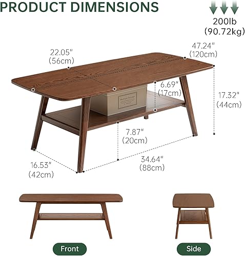 Miniatura 2 de Mesa de centro 100% de madera de roble maciza con estante de almacenamiento, mesa auxiliar rectangular de 2 niveles para sala de estar, mesa central