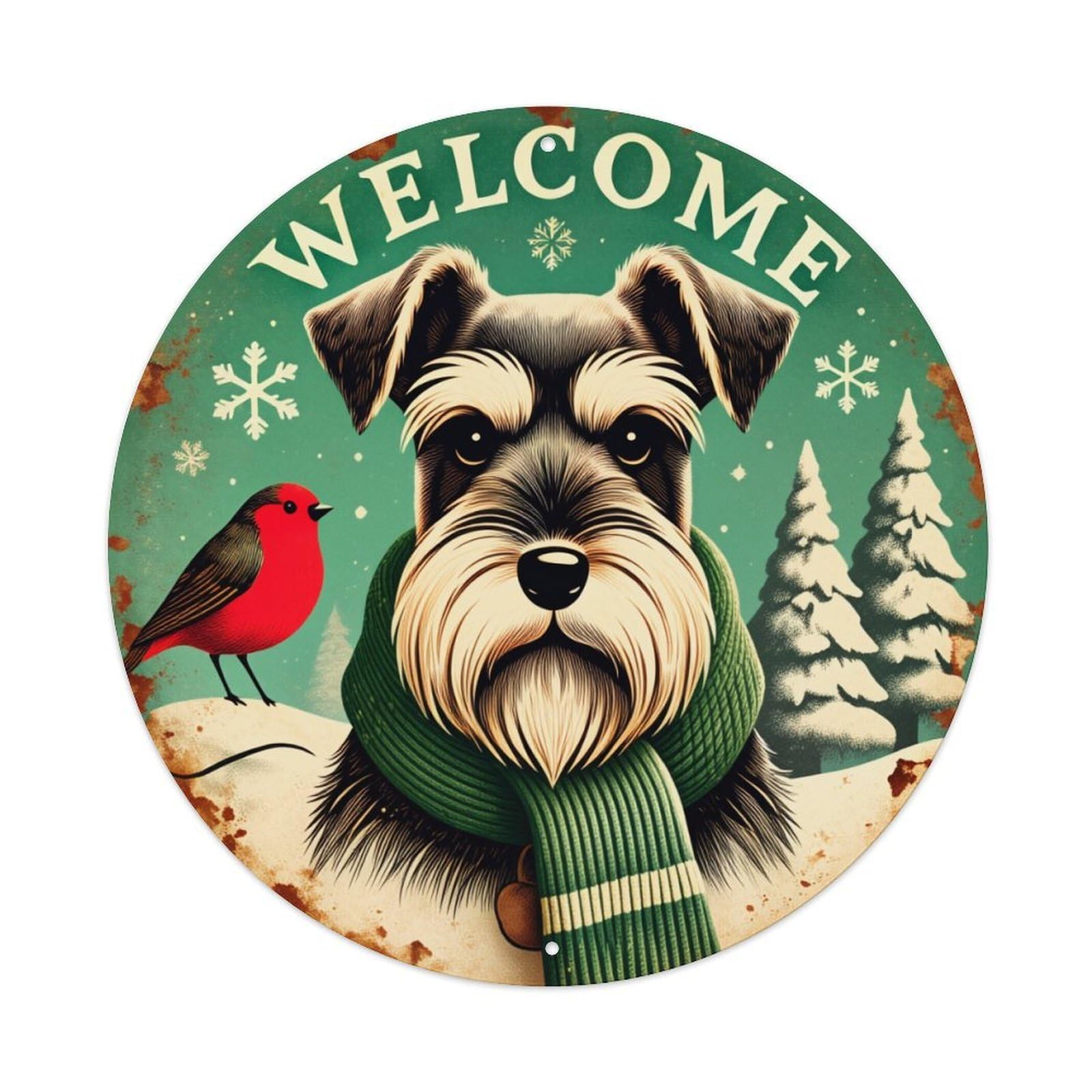 Winter Dog Scarf Bird Snow Round Tin Sign Retro Metal Sign for Cafe Bar Pub Home Game Room Gym Club Wall Decoration Vintage Metal Poster 8x8 Inch