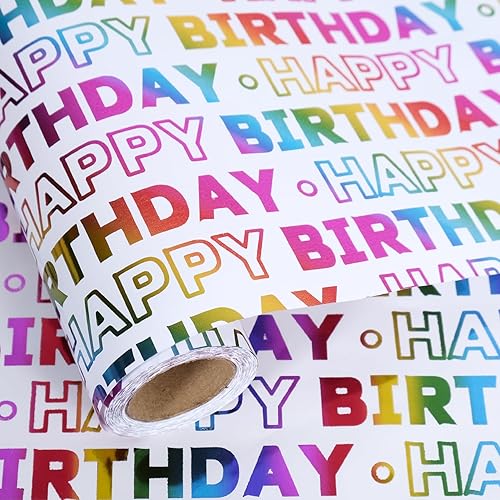 Rollo de papel de regalo de feliz cumpleaños, mini rollo de letras a color, 17 pulgadas x 10 pies por rollo, papel de regalo metálico para fiestas,