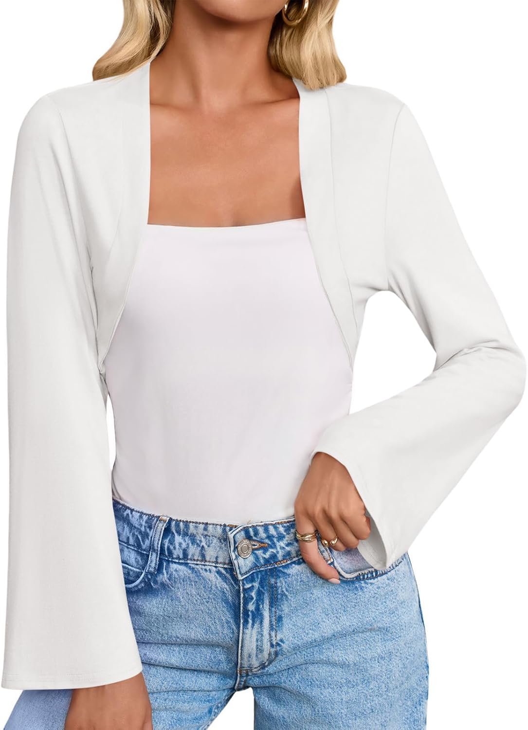 Yousify Women's Bolero Shrug Long Sleeve Open Front Cropped Cardigan Shrugs Bell Sleeve Tops 2025