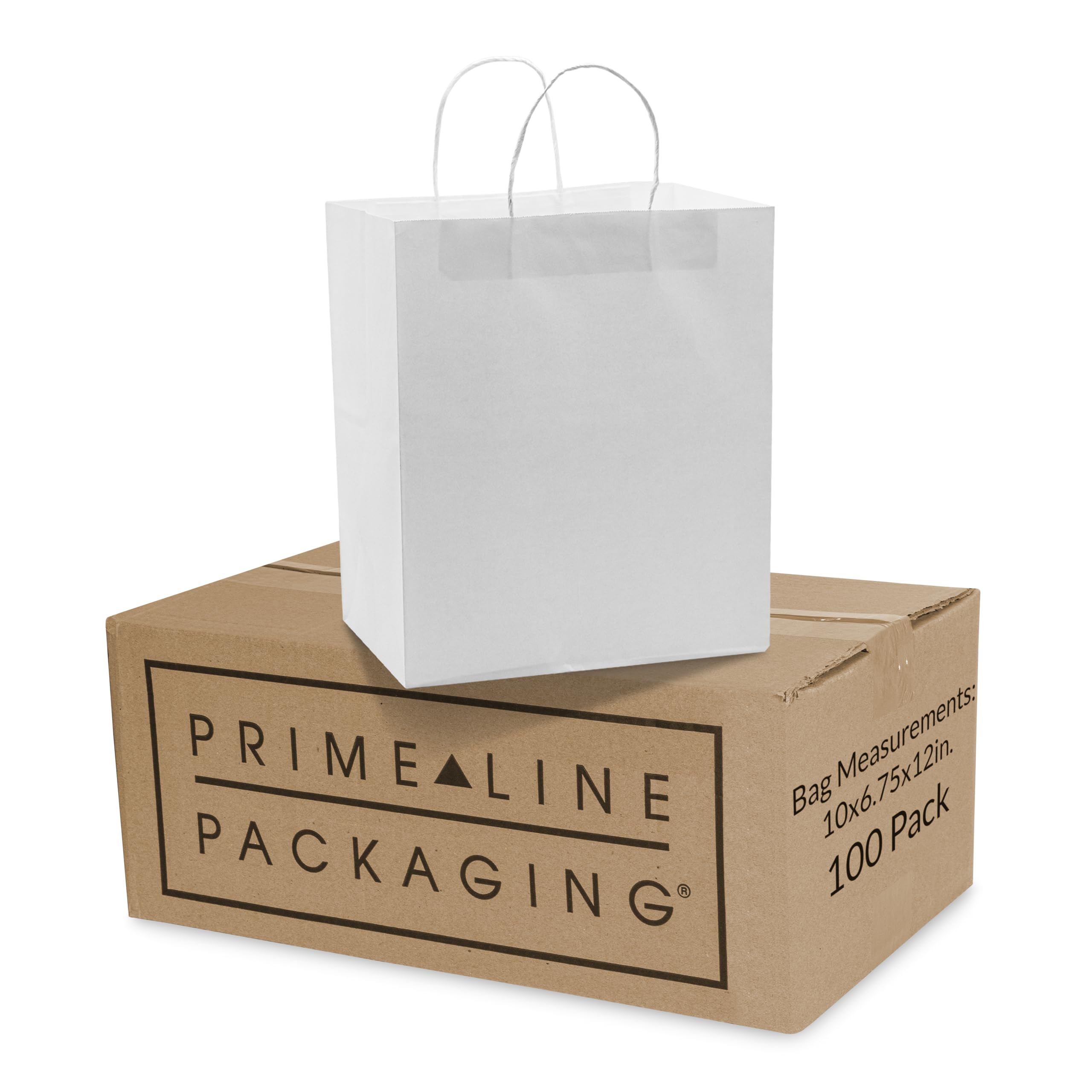 Prime Line Packaging White Paper Bags, Kraft Gift Bags with Handles for Small Business, Shopping, Take-out Goodie, Bistro, Boutique, Bulk, 10x6.75x12, 100 Pack