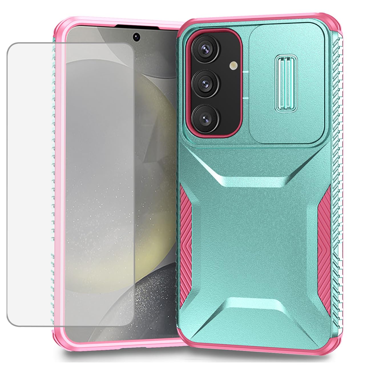 Sailundeng Case for Galaxy S24 FE/for Samsung S24 FE SM-S721B with Tempered Glass Screen Protector and Slide Camera Cover, Non-Slip Heavy Duty Shockproof Phone Cover for Samsung Galaxy S24 FE PC Green