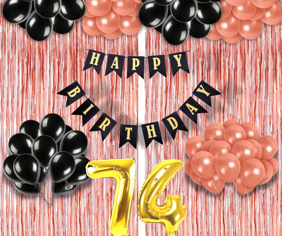 Image of 74th Birthday Decoration items for Girls with Black and Rose Gold Balloons, Black Happy Birthday Banner, Rose Gold Foil Curtain, Foil Balloon number 74
