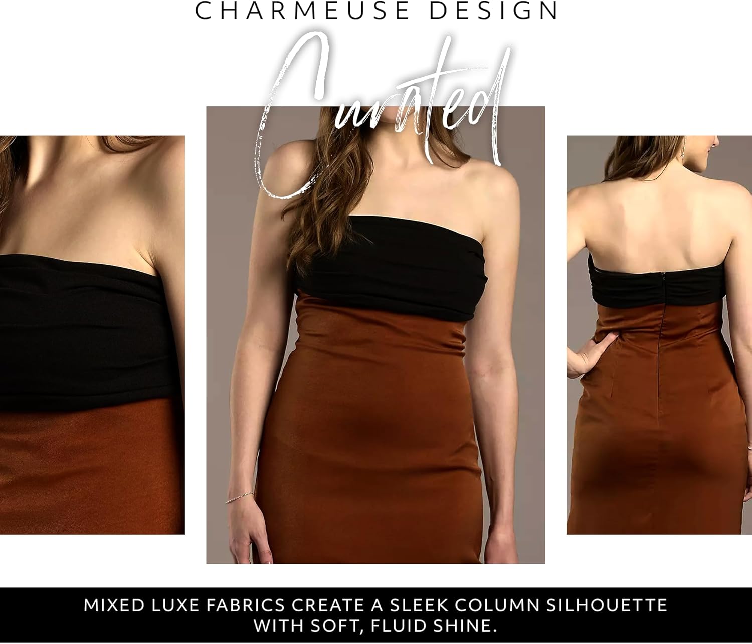 David's Bridal The Edit Studio Strapless Charmeuse Mixed Column Dress in Tawny, Elegant Cocktail Dress for Weddings - Image 3