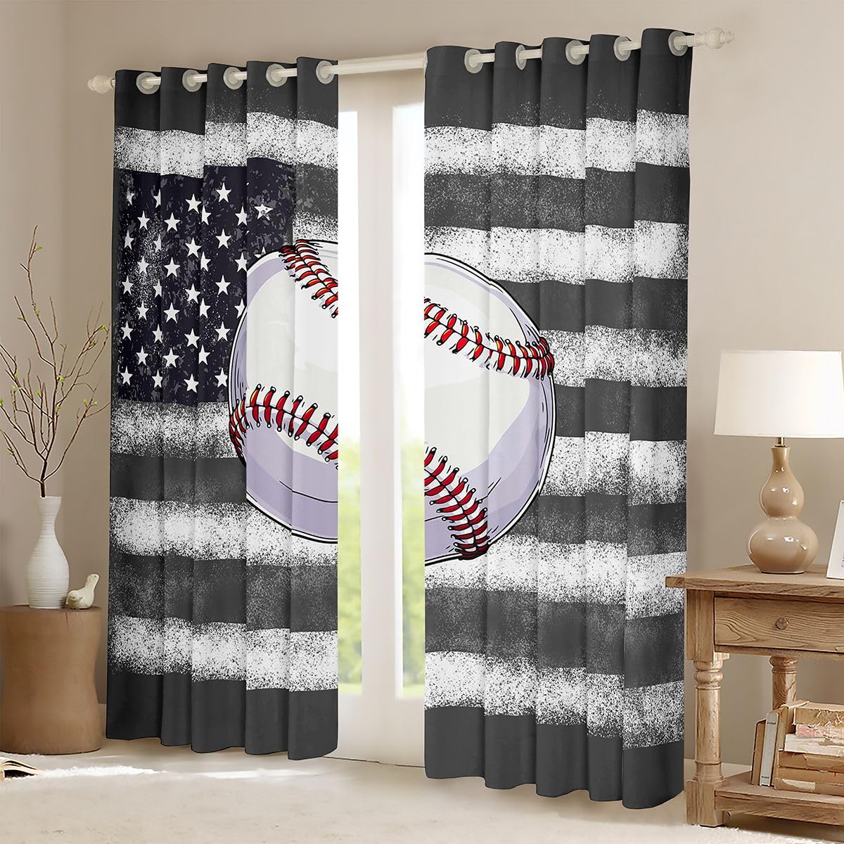 Baseball Vorhänge 245x140cm Amerikanisch Flagge Gardinen Softball Gaming Sport Vorhänge Blickdicht Sport Motiv Thermovorhang Hitzeschutz 2er Set