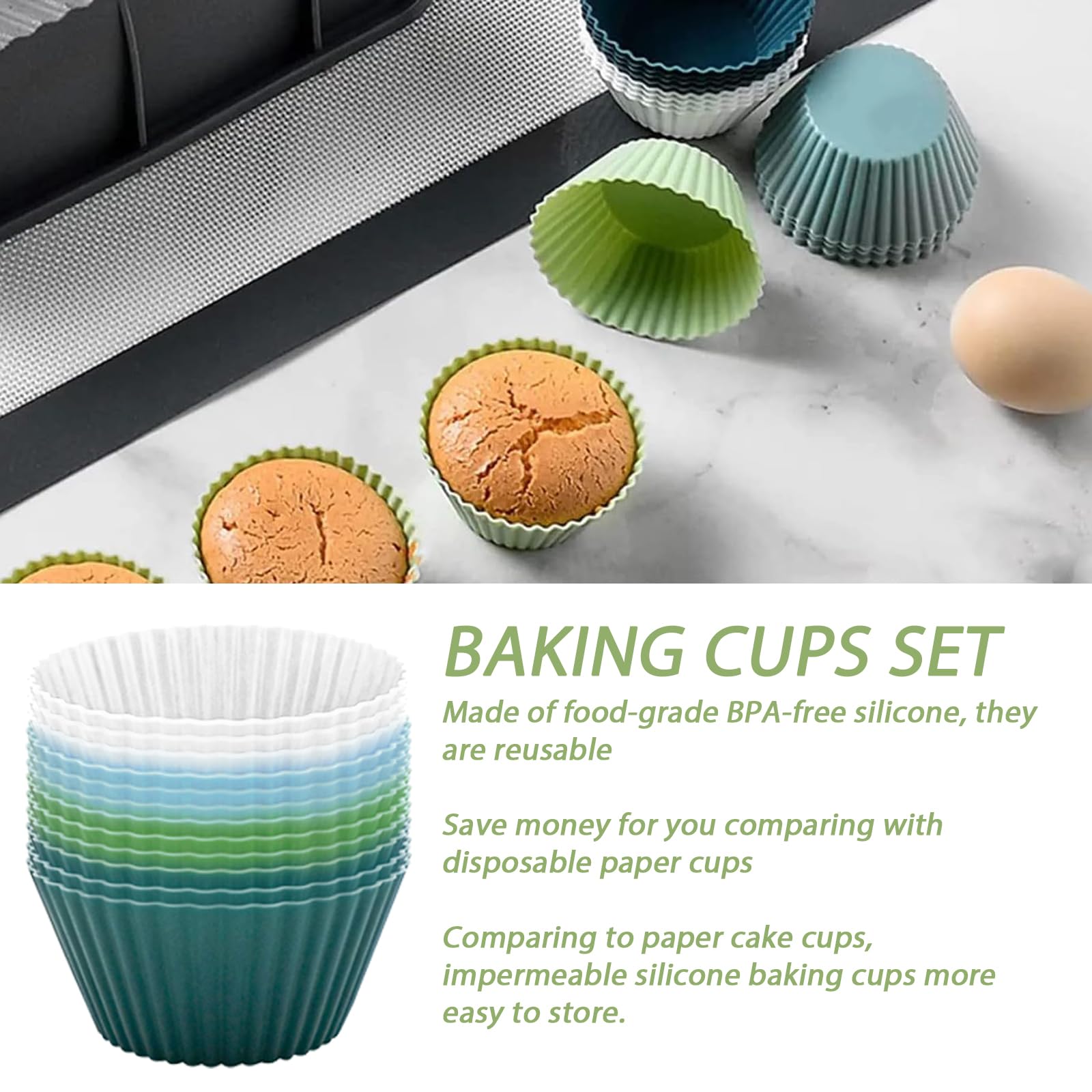 Tazas redondas de silicona reutilizables para hornear, paquete de 12 moldes de silicona reutilizables para magdalenas, antiadherentes, juego de moldes de silicona para cupcakes, tamaño estándar