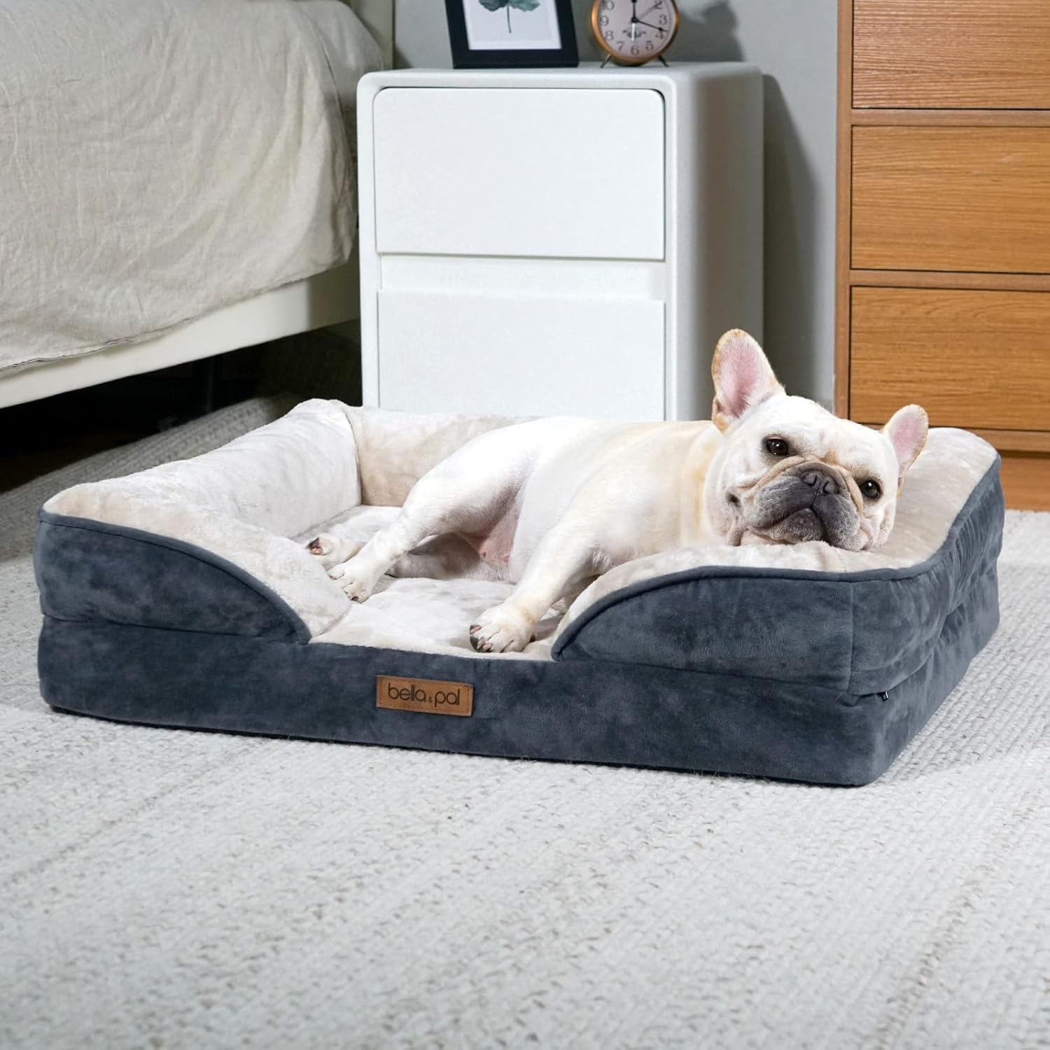 BELLA & PAL Orthopedic Dog Sofa Bed for Medium/Large Dogs  No Assembly Needed, Egg-Crate Foam Dog Couch with Waterproof Liner, Washable Removable Cover, Non-Slip, 28x23x6.5Inch, Grey