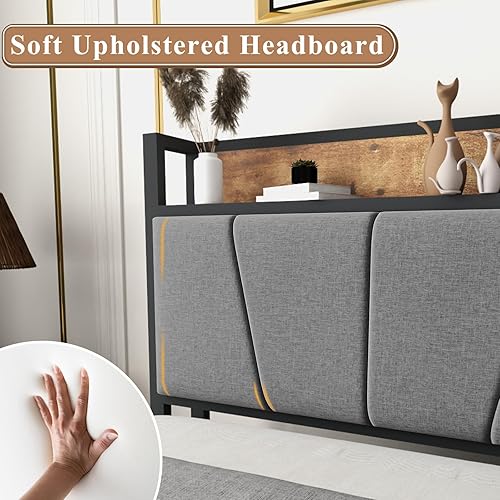 Miniatura 6 de Base de cama de tamaño matrimonial con cabecera y estación de carga, cabecera tapizada completa con estante de almacenamiento, marco de cama de