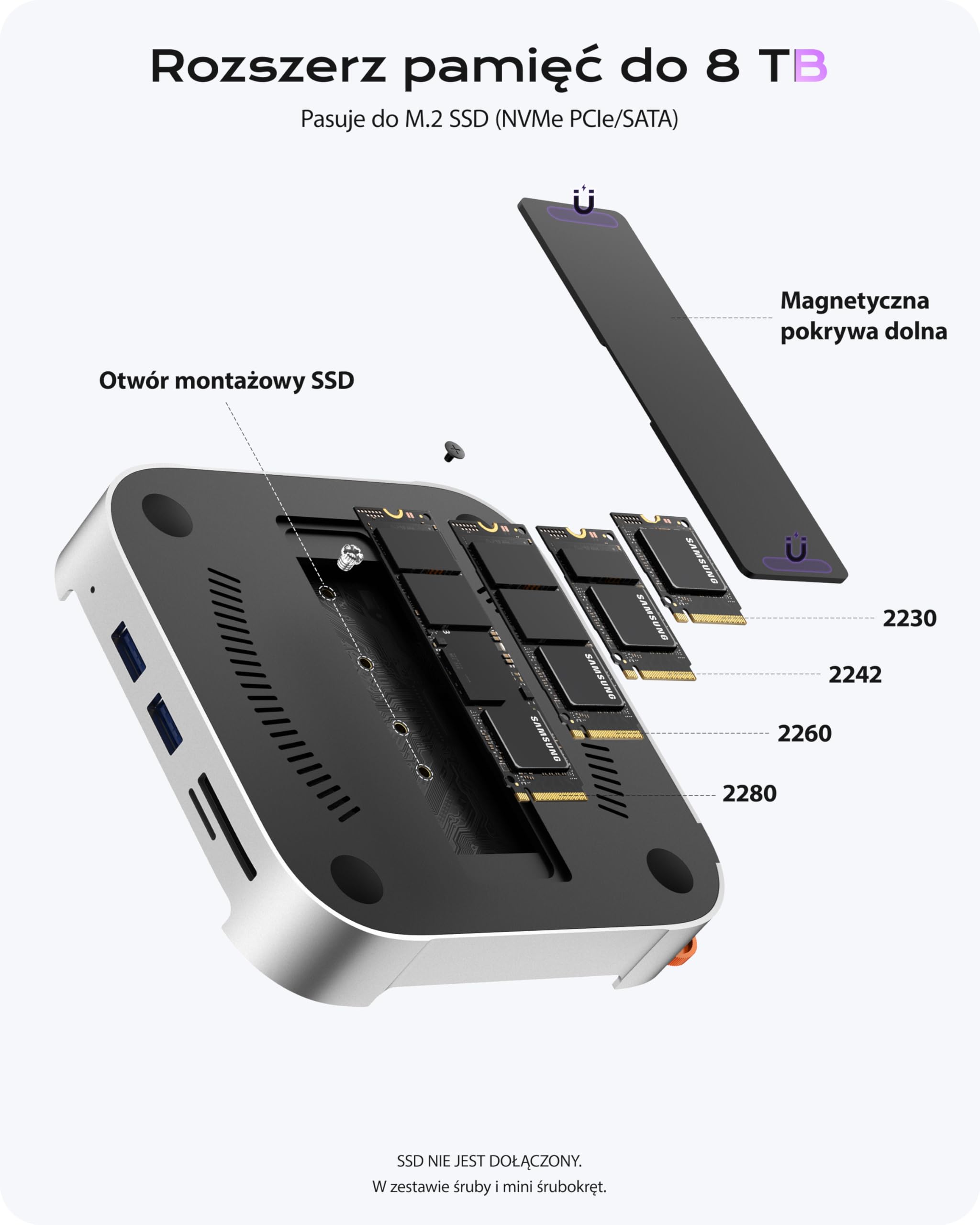 Stouchi Stacja dokująca do Mac mini M4/Pro 2024, obudowa SSD NVMe/SATA 8 TB, HDMI 4K@60Hz, 2 USB-A 10 Gbps, 2 USB-A Data, czytnik kart SD/TF, dźwięk 3,5 mm, przycisk zasilania i stabilne Wi-Fi