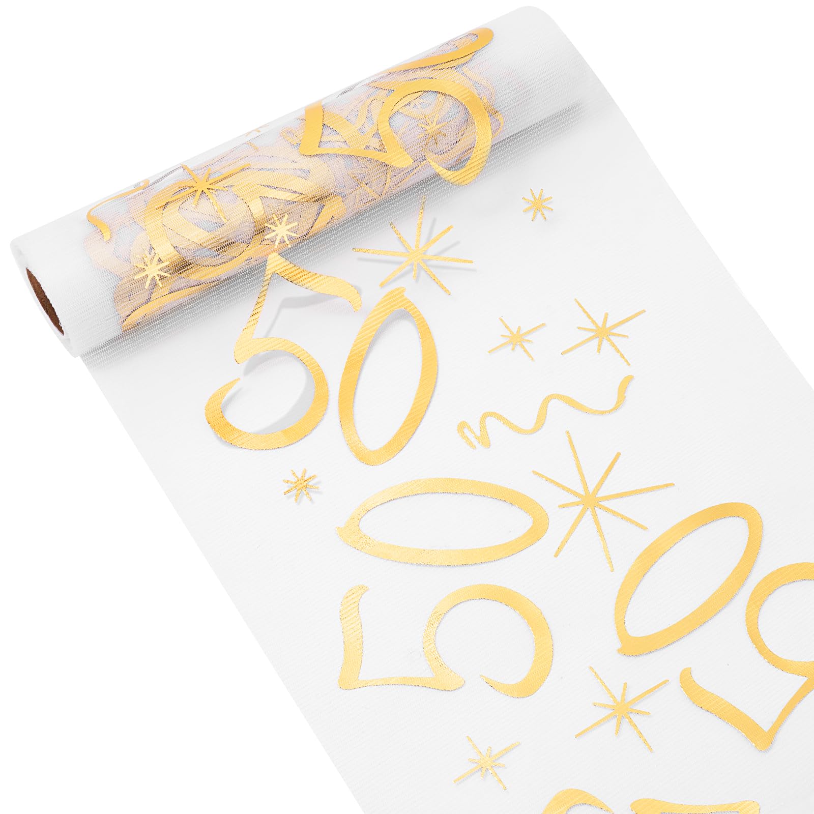OSDUE 50th Birthday Table Runner, 28cmX10m Gold Thin Mesh Runner Roll, 50 Years Old Party Decorations, Table Cover for Birthday Anniversary Celebration Party
