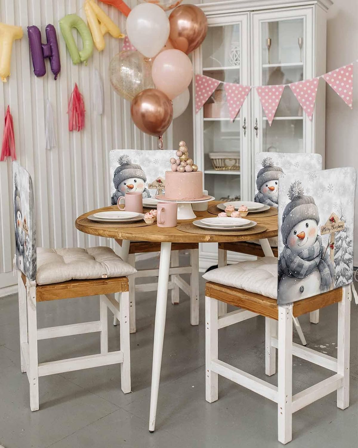 Christmas Chair Covers Set of 6 Snowman Chair Slipcover Protector Removable Washable Stretch Chair Covers Grey Pine Tree Chair Back Covers for Dining Chairs Kitchen Dinner Party Xmas Holiday Decor