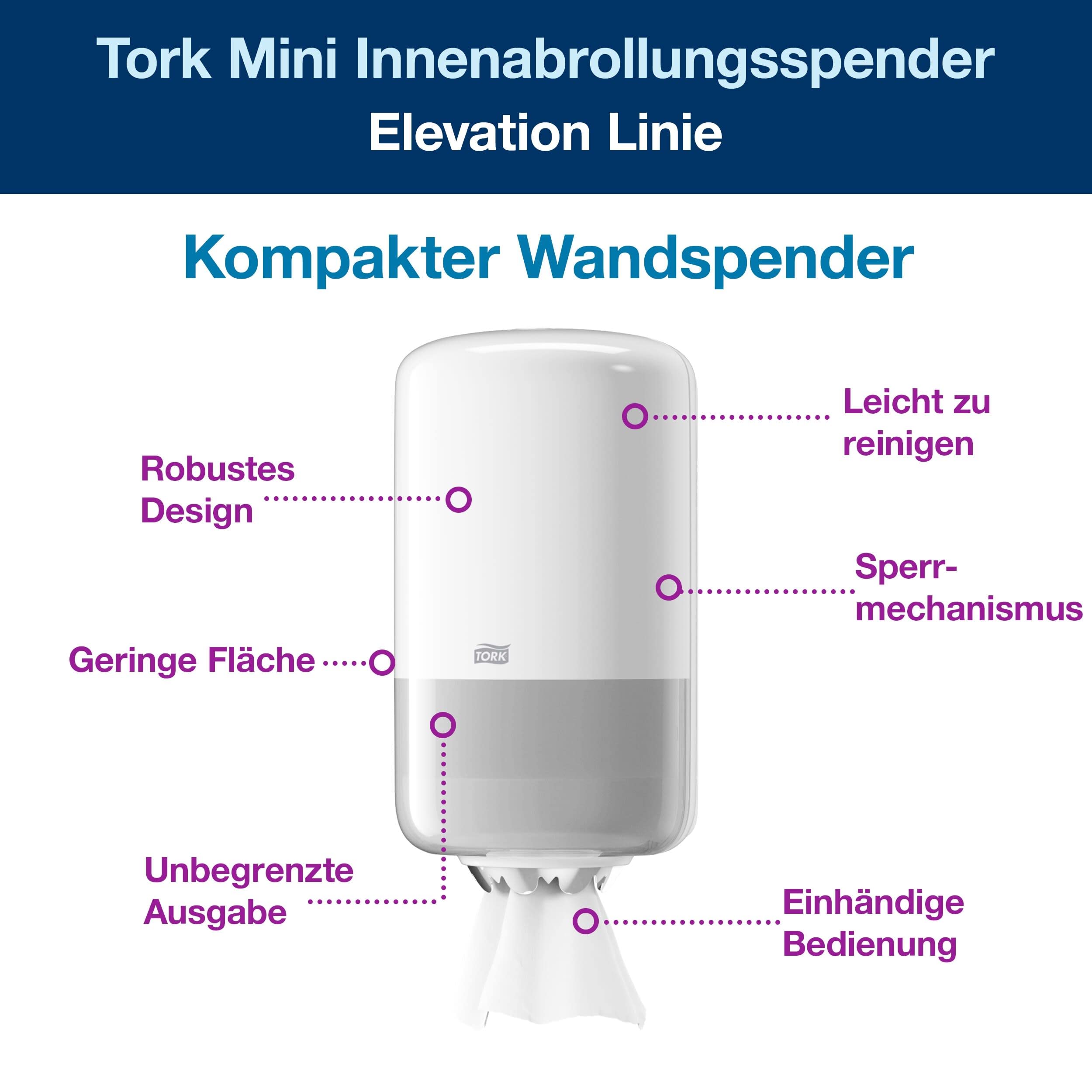 Tork 558000 Mini Innenabrollungsspender für M1 Papierwischtücher im Elevation Design / Wischtuchspender für hygienische Einzeltuchentnahme in Weiß, (B x H x T) 174 x 321 x 165 mm