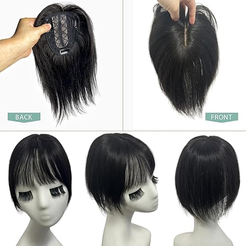 Miniatura 10 de Toppers invisibles de cabello humano para mujer, con clip, con flequillo de aire 3D, flequillo, 3.9 x 4.3 in, parte media, pelucas de cuero