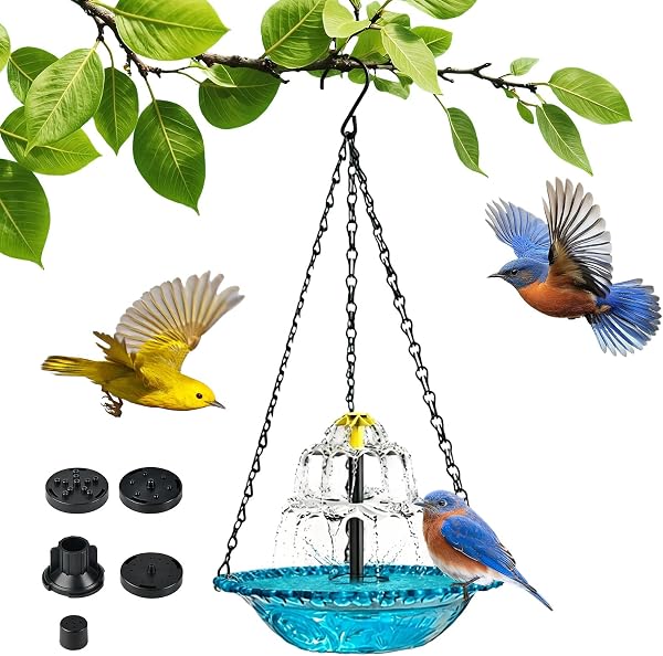Solar Vogeltränke Hängend, 3 Stufig Vogeltränke Garten mit Fließendem Wasser, Vogelbad Garten, Vogeltränke Stehend mit Metallketten, Gartendeko für Draußen Wetterfest Lockt Baden Singen für Hof Terra - 1