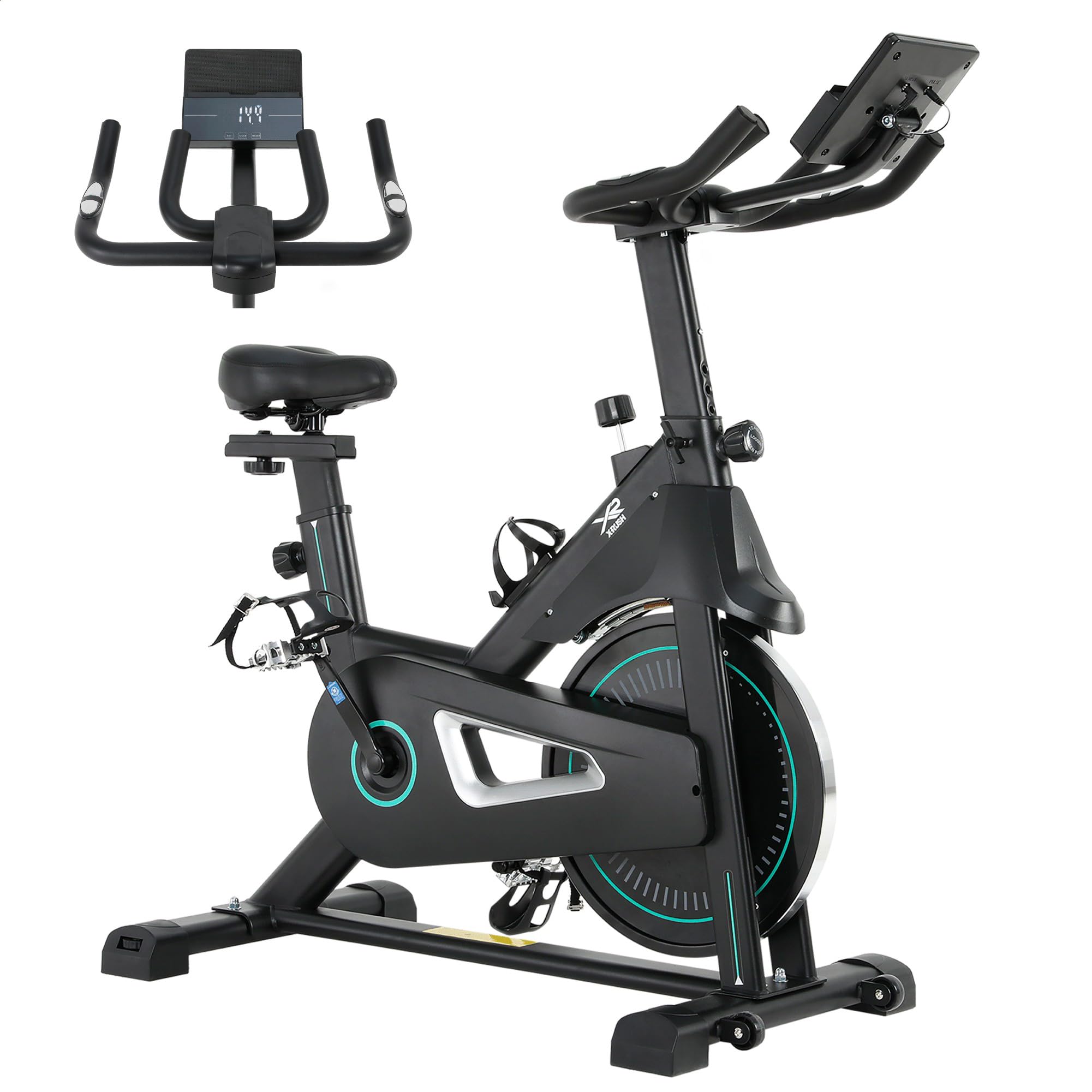 Bicicleta ergométrica fixa para casa, bicicleta de ciclismo interna com resistência à correia magnética, assento ajustável, visor LCD, suporte para iPad, capacidade de peso de 120 kg