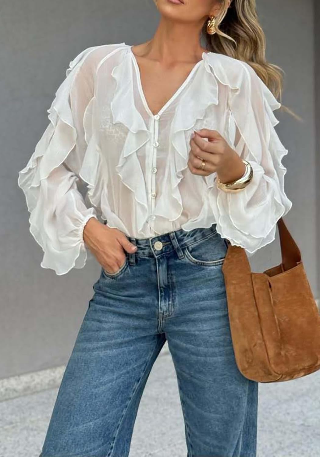 LETSVDO Women's Ruffle Chiffon Tops Puff Sleeve Sheer See Through Button Down V Neck Bubble Loose Casual Blouses Shirts - Image 3