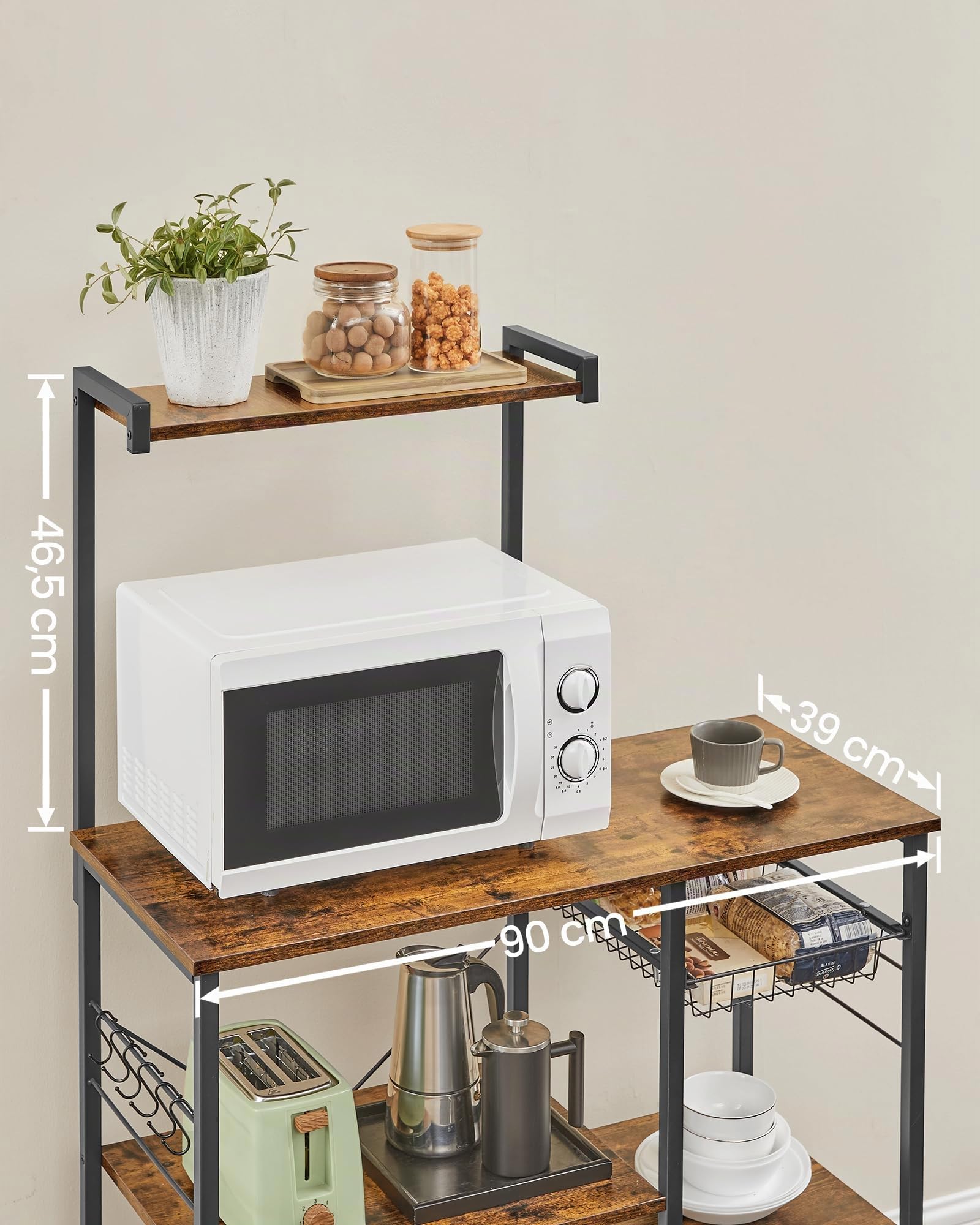 VASAGLE Scaffale da Cucina, Supporto per Forno a Microonde, Mobile Cucina, Cestino a Filo Metallico, 6 Ganci, per Spezie Pentole Padelle, 40 x 90 x 134 cm, Marrone Vintage e Nero KKS35X