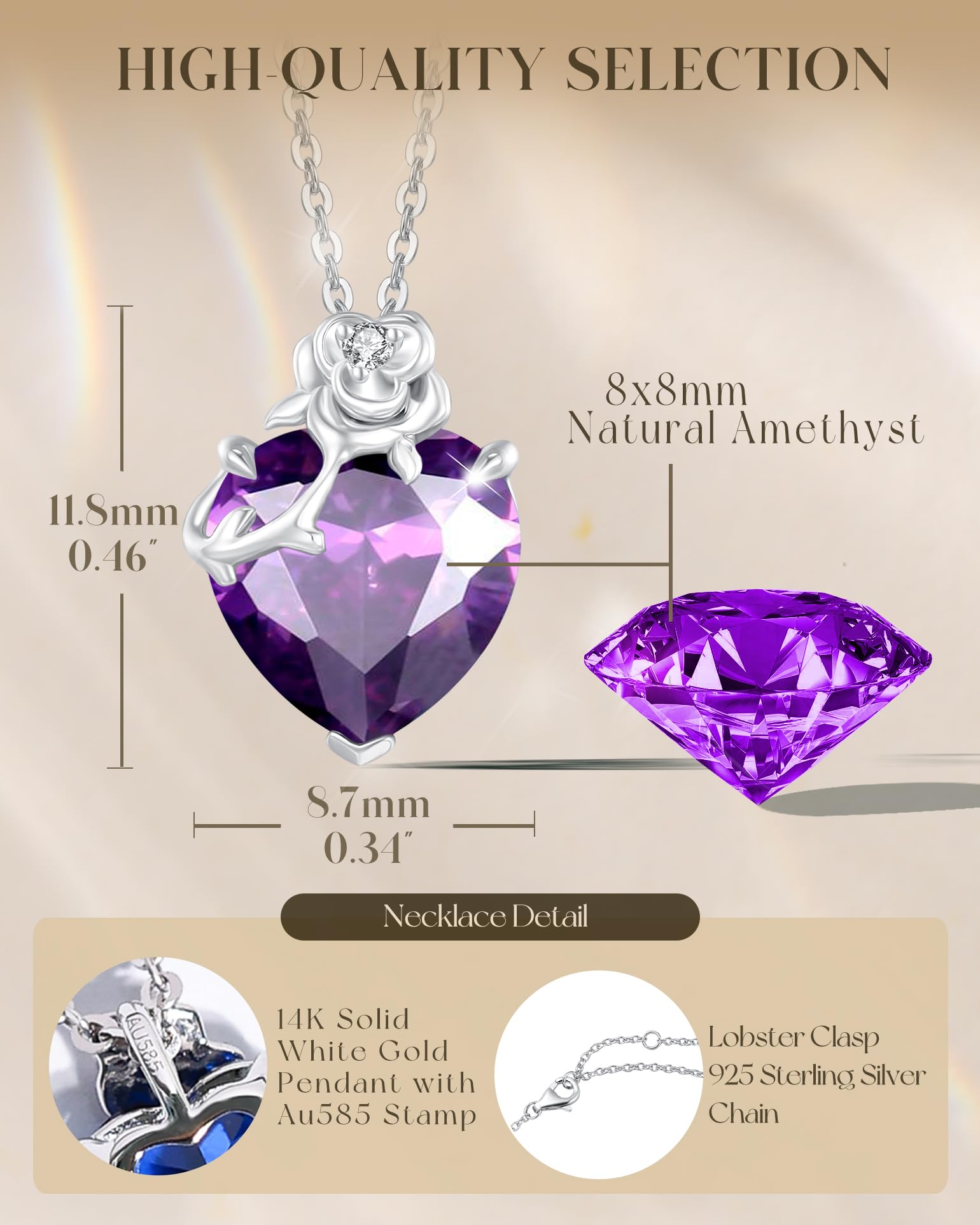 FANCIME 14 Karat Weißgold Rose Anhänger mit Herz & Geburtsstein - Sterlingsilber Kette Weihnachten Feiner Schmuck Geschenk für Damen Frauen