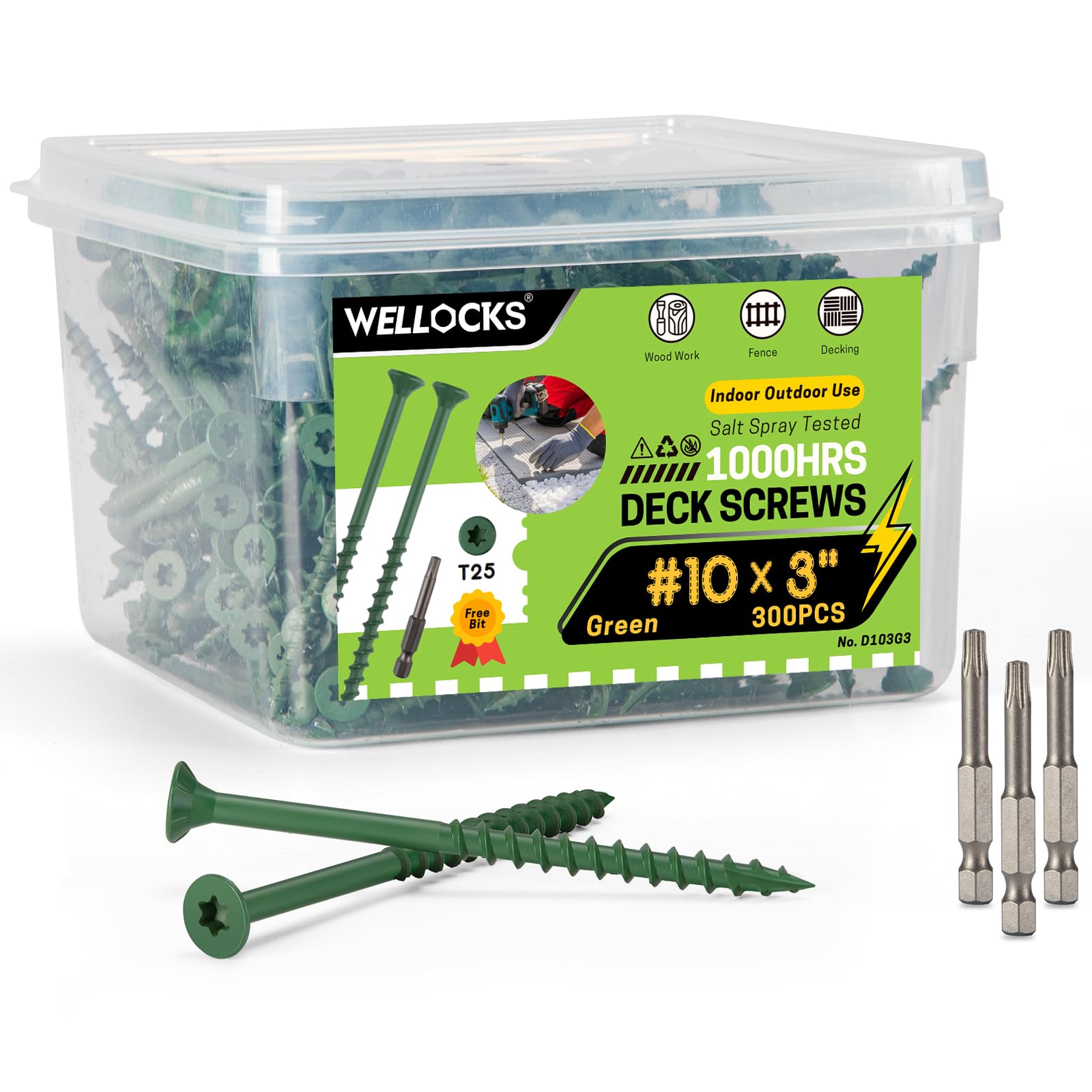 WELLOCKS Deck Screws 3", Wood Screws #10×3", Green 300 PCS with 3 Bits, Superior Rust Resistant, Epoxy Coated, Above 1000 Hour Salt Spray Coating T25 Torx Star Bit Included for Outdoor Wood Fence