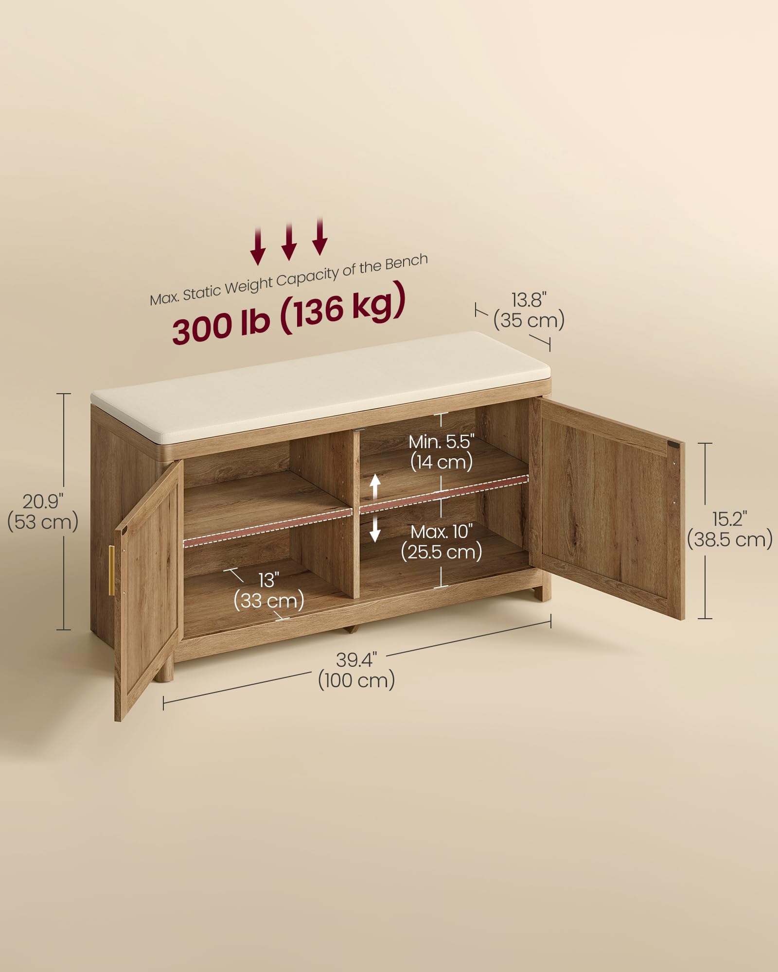 VASAGLE ELLAN Collection - Boho Shoe Bench with Cushion, Entryway Storage Bench with 2 Rattan-Look Cabinet Doors, Rounded Corners, Adjustable Shelf, for Bedroom Under Window, Natural Brown ULSB501KC01 - 3