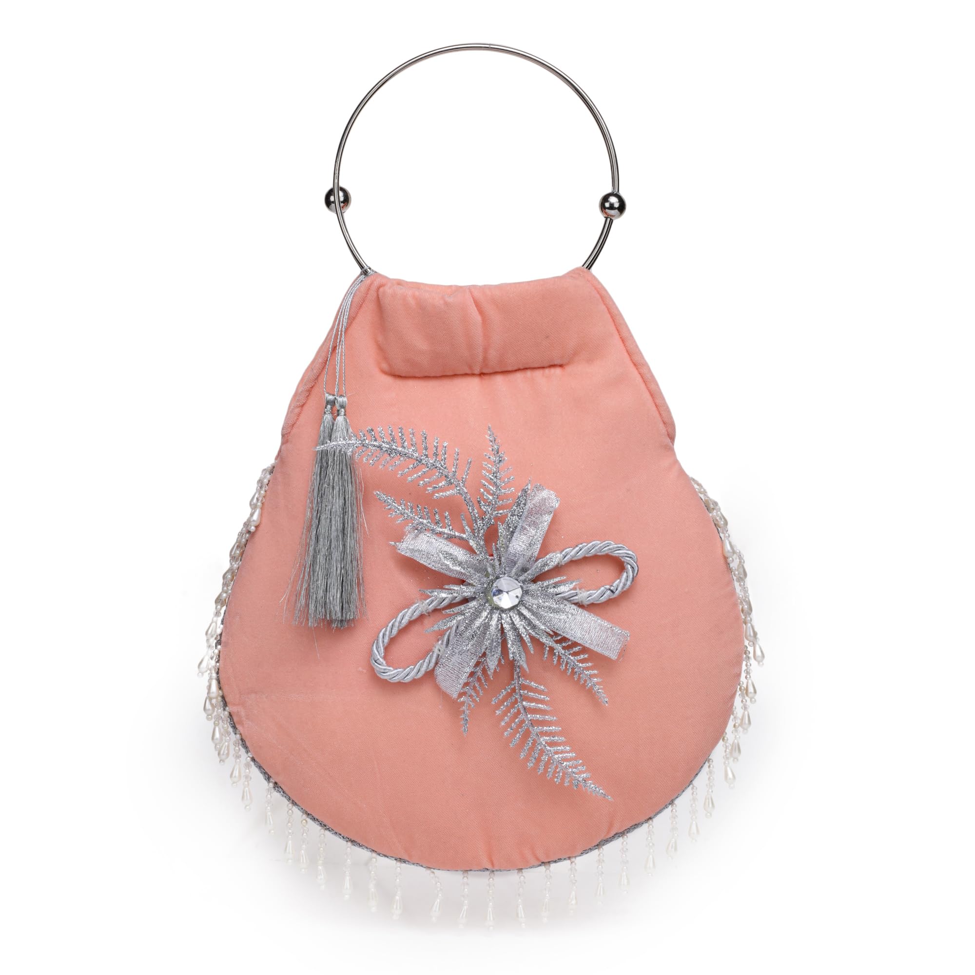 Handbags for Women Ethnic Velvet Bags having Moti lace Embellishment Metal handle Magnet Button Closure Statment Flower Detail-image-24