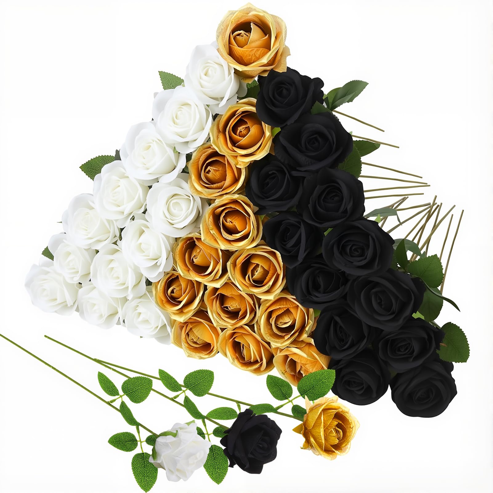 saerryor 36 Pcs Velvet Texture Black,Gold,White Artificial Flowers Bridal Bouquet,Fake Rose Long Stem Realistic Flowers Bulk for Valentine's Day Wedding Bouquet Ball Arrangement Centerpiece Party โ image 1
