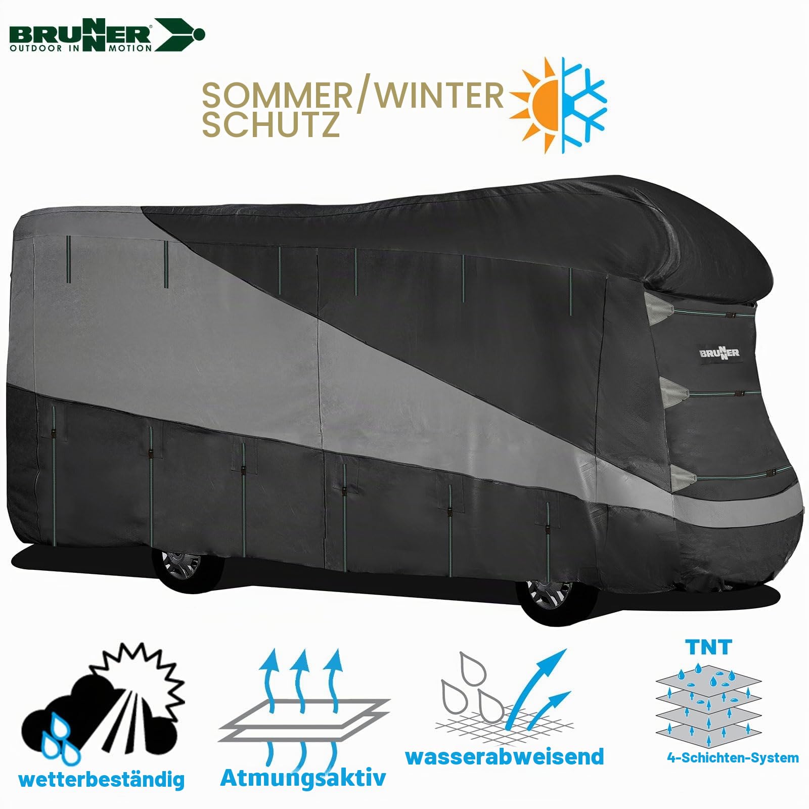 BRUNNER Wohnmobil Abdeckung Schutzhülle Atmungsaktiv - Diverse Größen - Camper Cover Design 12M - Wasserabweisend, Hochwertig, UV-Beständig für Winter+Sommer - Auswahl: 6,5m-7m x 2,4 m x 2,7m