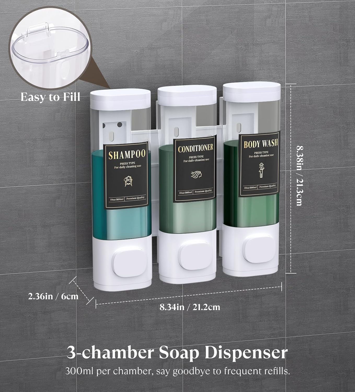 Luxspire Shampoo and Conditioner Dispenser, No Drill Wall Mounted Shower Soap Dispenser 3 Chamber with Waterproof Labels, Easy Refill Soap Dispenser for Bathroom Hotel Kitchen, White - Image 4