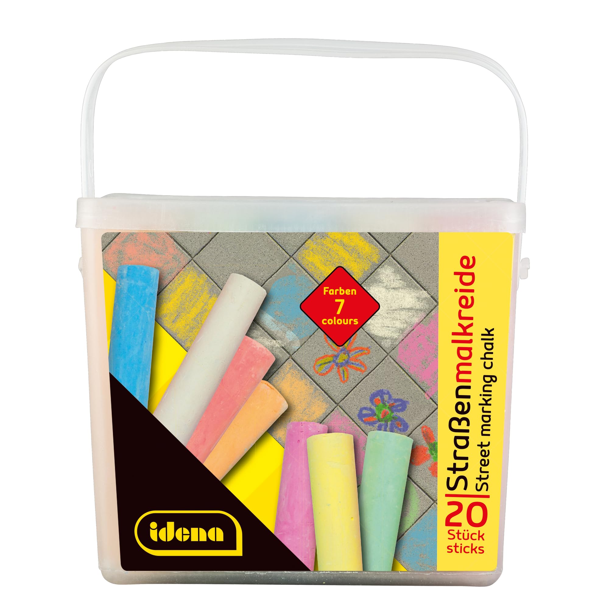 Idena 90442 - Gesso Stradale in Secchiello con Manico, 12 scatole con 20 Bastoncini ciascuna in 7 Colori, Gesso Stradale per dipingere Asfalto, pavimentazione o Cemento