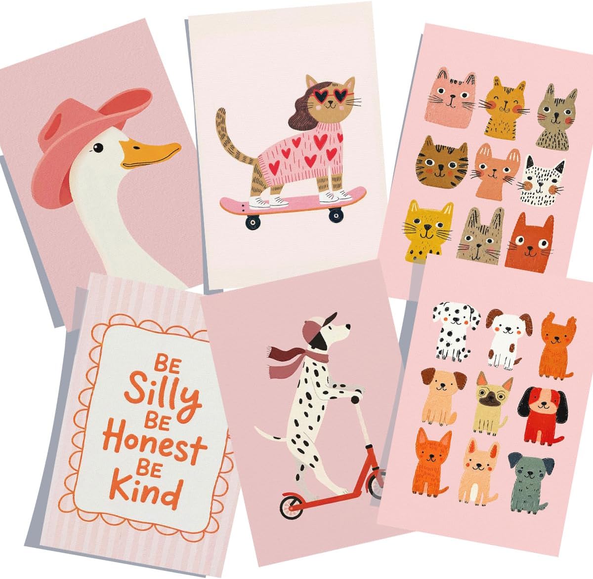 6pcs Pink Nursery Animal Canvas Wall Art, Cute Dog and Cat Poster for Kids Room, Warming Be Silly Be Honest Be Kind Quote Print, Girly Bedroom Chic Goose with Pink Hat Picture 12x16in Unframed