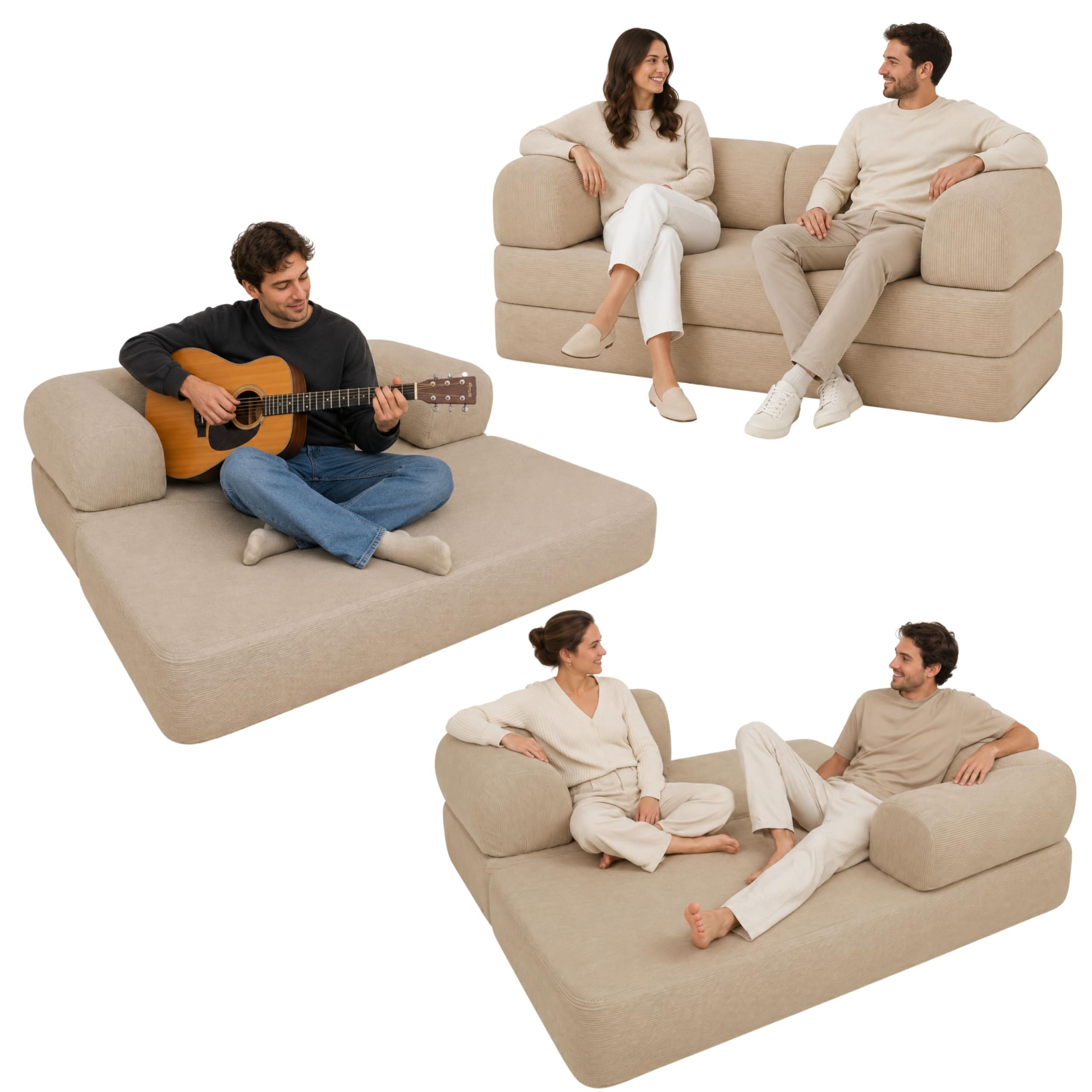 bananair - Sofá Cama de 2 Plazas Fabricado en Francia - Sofá Modular de Espuma de Alta Densidad y Tejido de Pana - Diseño Innovador Boneless, Enviado Comprimido (Beige)
