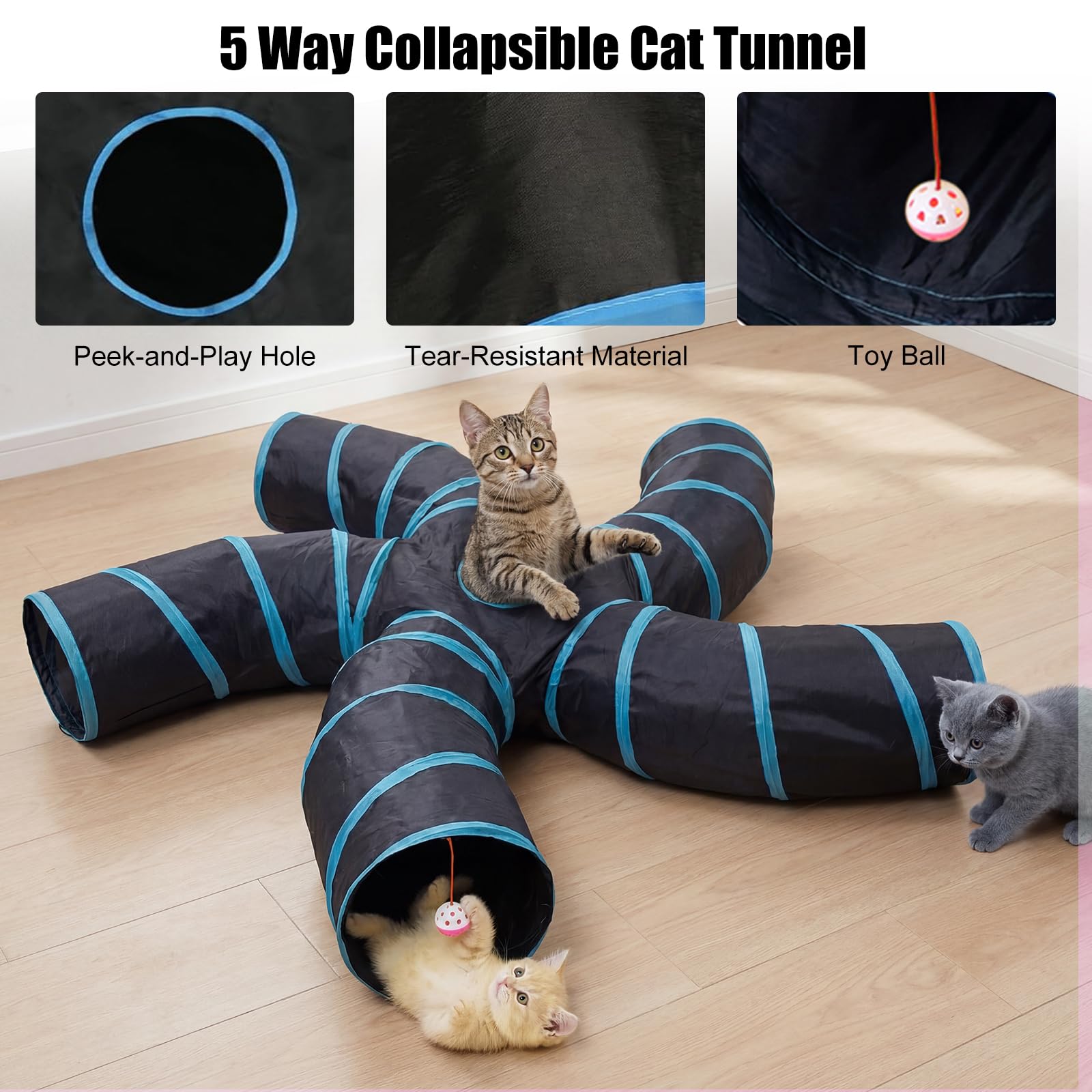 Bemodst Túnel para Gatos, 2 vías/3 vías/4 vías/5 vías, Plegable, Juguete para Gatos, Juguete Interactivo para casa de Laberinto para Conejos pequeños, Cachorros, Hurones, cobayas (5 vías)
