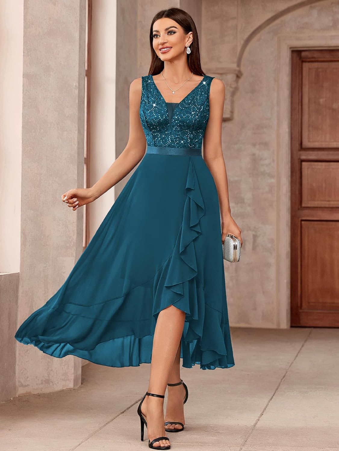 Miusol Women's Vintage V-Neck Sleeveless Sequined Floral Lace Ruffle Split Evening Party Dress - Image 6