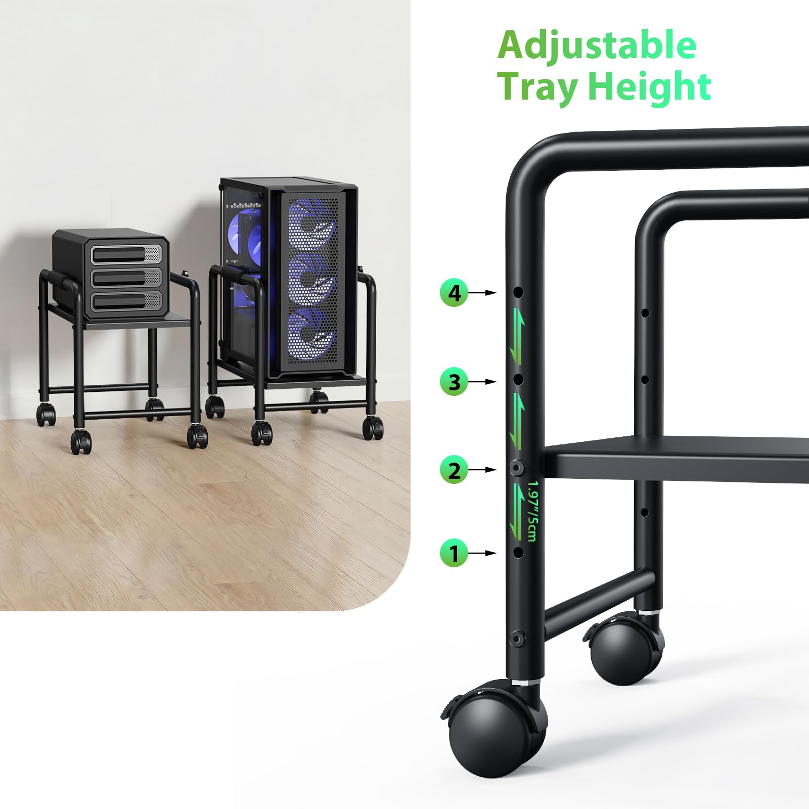 KEEGH Computer-Tower-Ständer unter dem Schreibtisch, höhenverstellbarer Computerwagen für Boden, robuster Stahlständer mit 360° feststellbaren Lenkrollen für PC, Drucker, Gaming-Zubehör, Schwarz