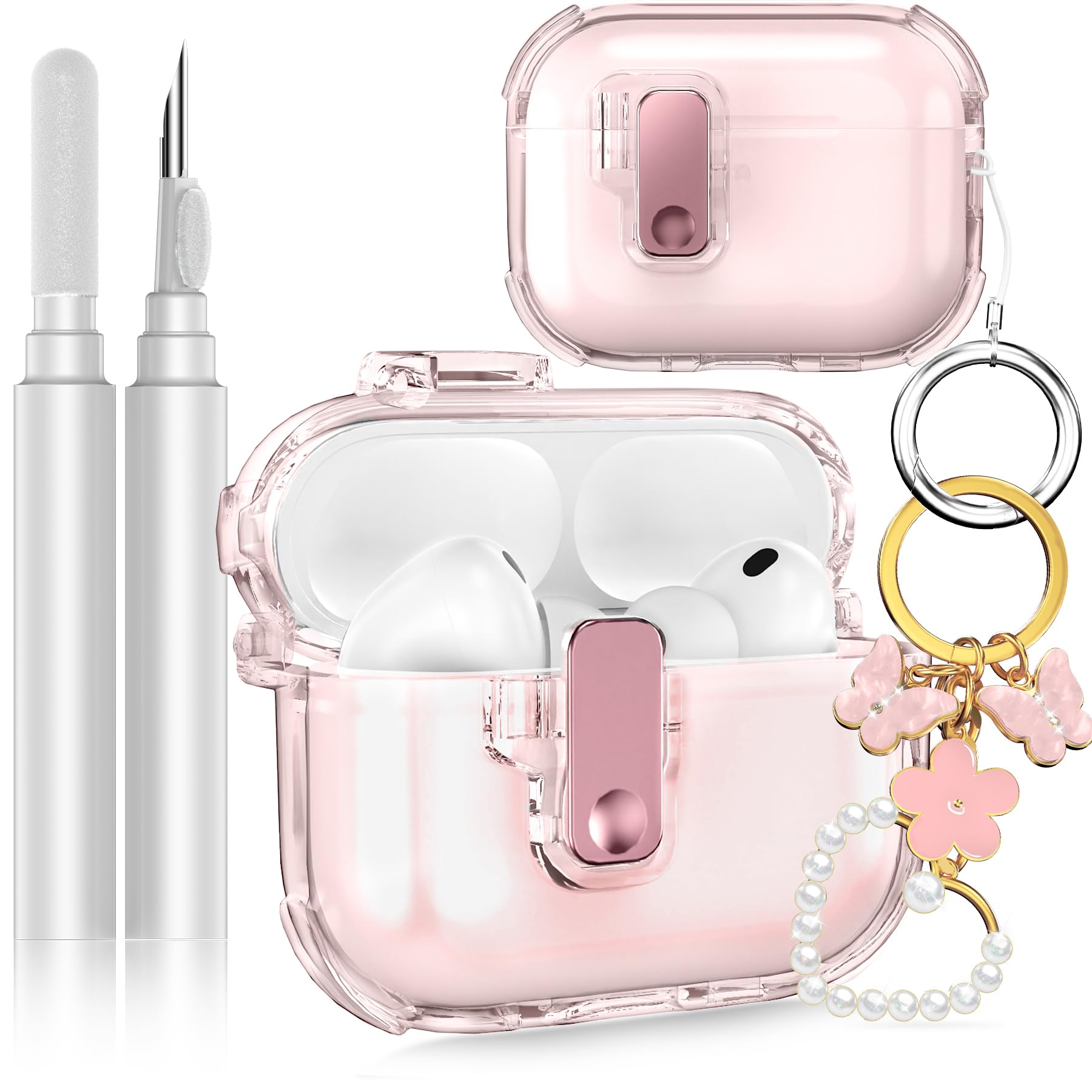Fotbor for AirPods Pro 3 2025 Case with Secure Lock, Soft Clear TPU Cover with Earbuds Cleaner &amp; Cute Girly Keychain, Anti-Scratch [Airbag] Military Grade Drop Protection - Pink