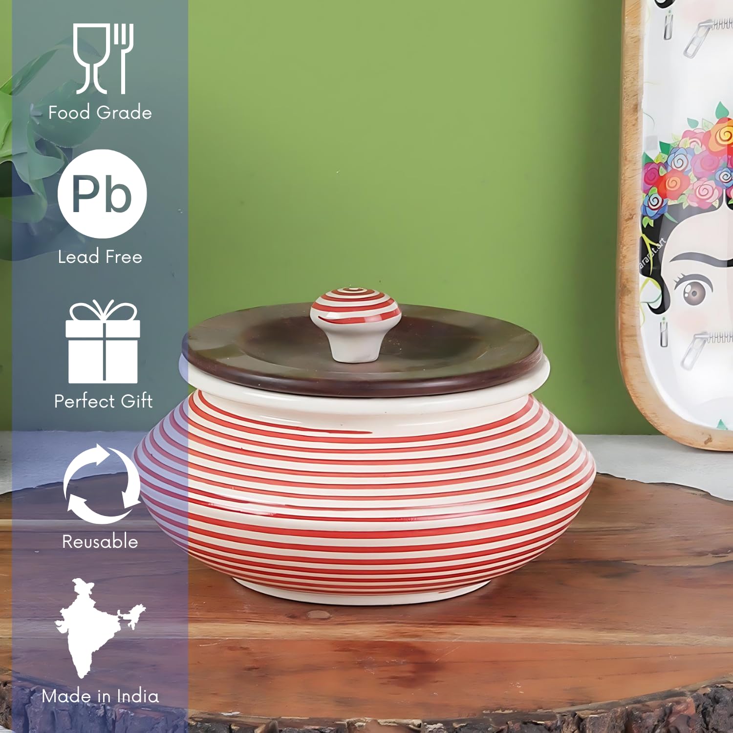 VarEesha Hand Painted Parikrama Red Spiral Large Ceramic Handi Bowl with Wooden Lid| Stoneware Handi for Serving Biryani, Dal| Dahi Handi| Microwave and Dishwasher Safe Serving Bowl with Lid|1000 ML 4