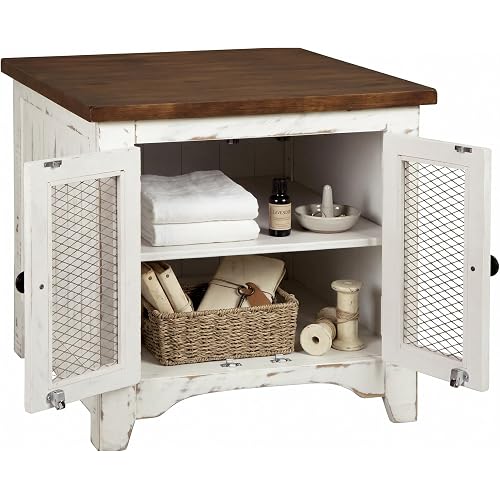 Signature Design by Ashley Wystfield Farmhouse End Table with Storage, Distressed White & Brown Finish