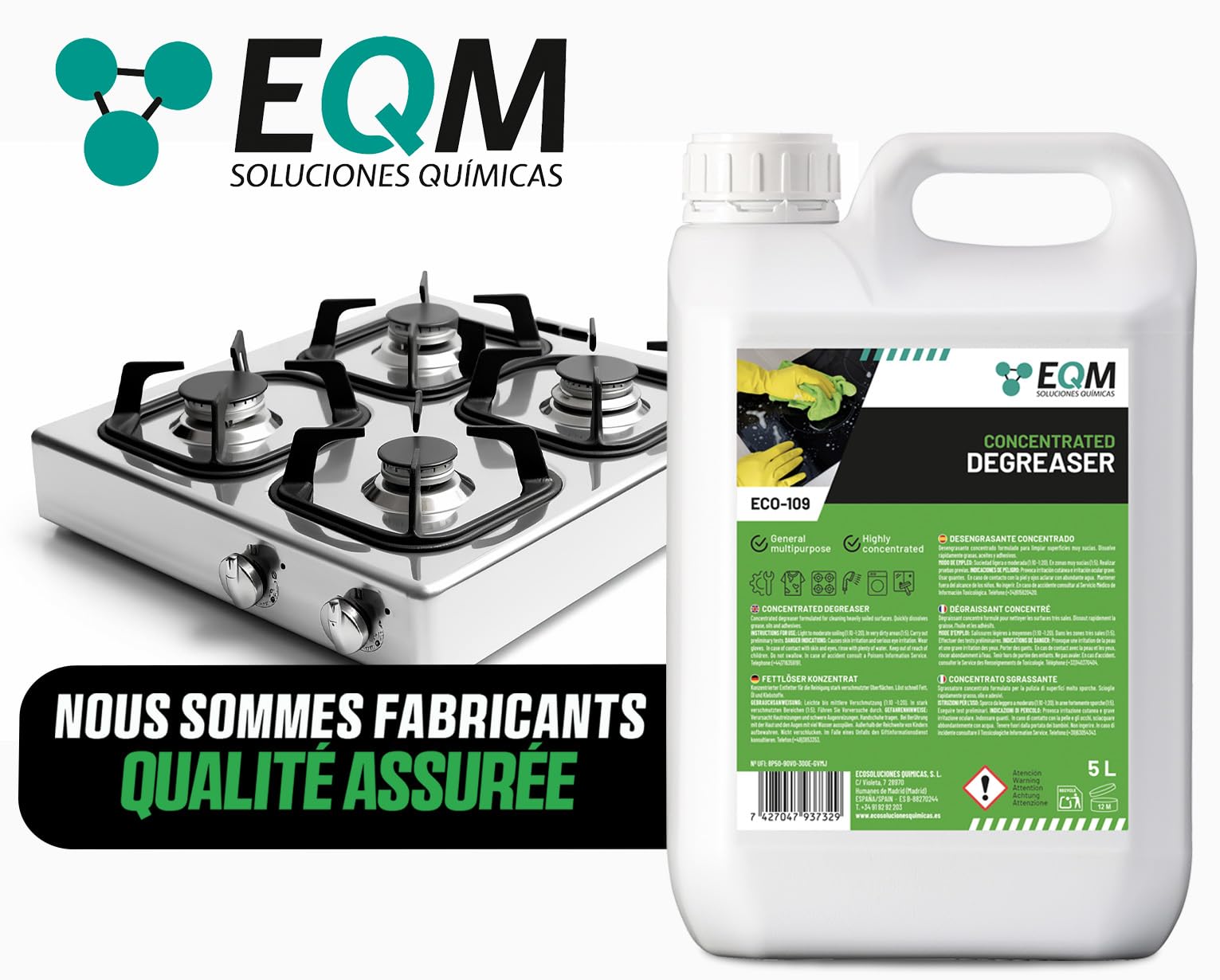 EQM - ECO-109 - Dégraissant Concentré Multisurfaces - 5L - Cuisines, moteurs, machines, sols industriels, garages, etc. - Dégraissant haute efficacité