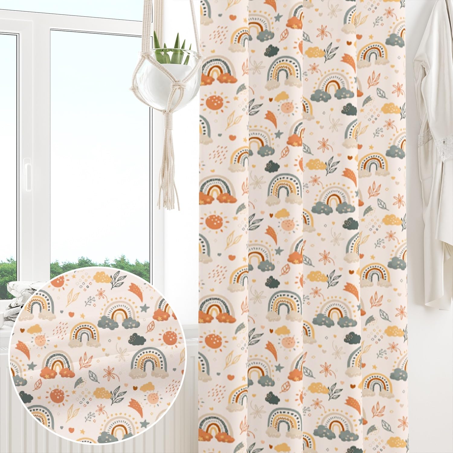 135x245cm Rideau occultant Arc-en-Ciel pour Chambre d'enfant bohème Ciel Rose Fleur Feuille Œillet Séparateur de pièce Rideaux pour fenêtres Bébés Filles Salle de Jeux Salon,1 Panneau Simple