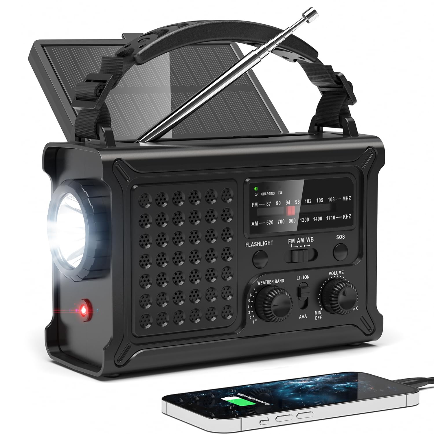 NOAA Emergency Weather Radio-12000mAh 44400mWh Radio Portable AM FM with Solar Hand Crank USB Rechargeable Battery SOS Alarm