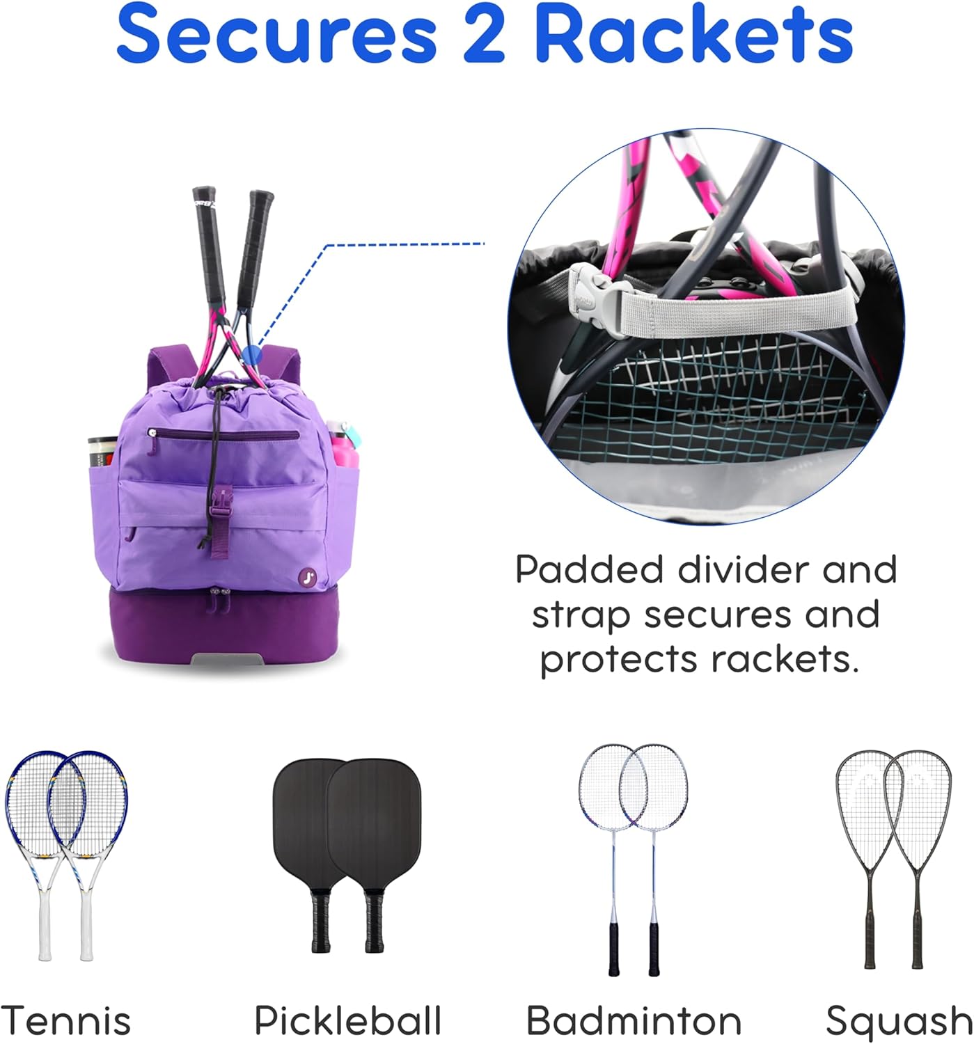 J World Ace 2 Racket Tennis Backpack for Women Men. Badminton Squash Pickleball Bag. Kids Sports Gym Bag w/Shoe Compartment - Image 5