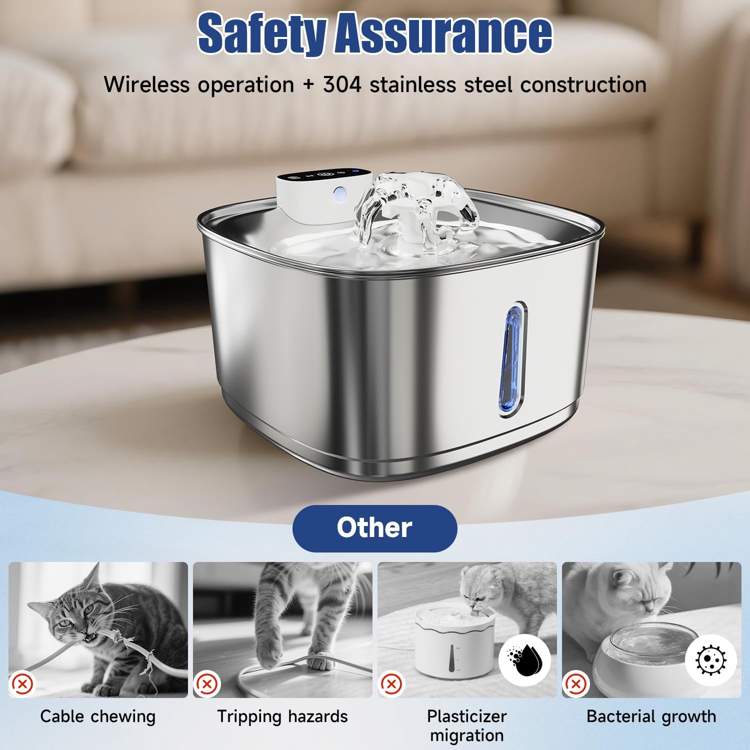 Pawinner Cat Water Fountain Cordless, 108oz/3.2L Wireless Pet Water Fountains for Cats, Ultra Quiet Pump, Battery Operated Cat Drinking Fountain with Motion Sensor(2 Filter+2 Sponges) - image 5
